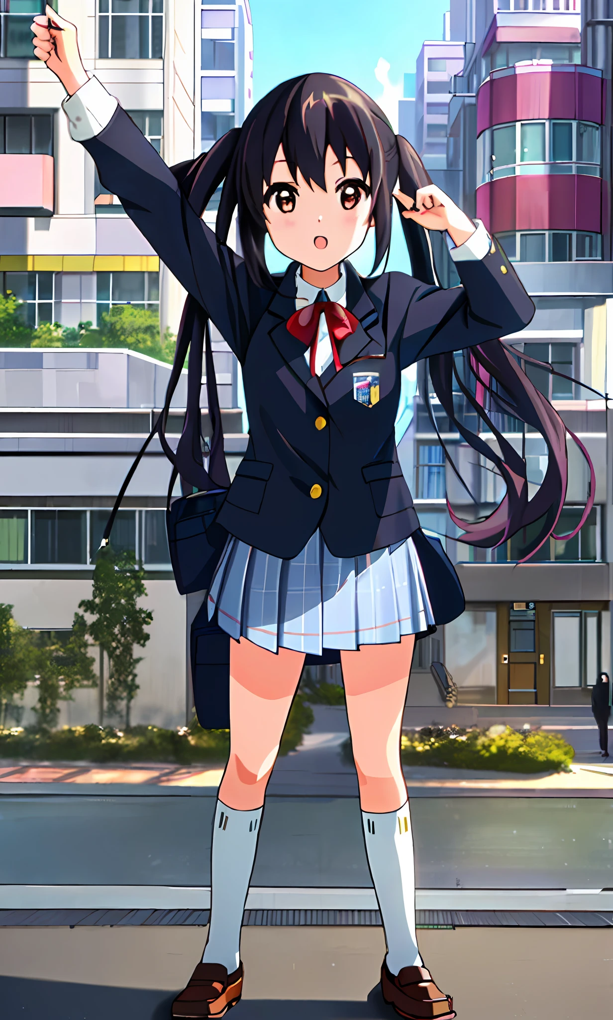 1girl, ((((Masterpiece))), Best Quality, Best Quality, High Detail, Azusa Nakano, 1girl, Sakuragaoka High School Uniform, Musical Instrument, School Uniform, Twin Tails, Long Hair, Black Hair, Brown Eyes, Solo, Red, Dark blue blazer with a thin ribbon of red, Solid white button shirt under blazer, Illustration, Cartoon, Soothing tones, Muted colors, Soft cinematic light, Adobe Lightroom, Photo Lab, HDR, complex and highly detailed, (((depth of field))))). (((Masterpiece))). (((highest quality))).) ((super detail))). (((Illustration))). (((Outside))). (((fighting stance))).,((((Giantization))).dynamic focus.small breasts. (((skyscrapers))). (((Cityscape))). Ultraman, makeover pose.make a fist.arms up.chest.front.watch viewer.