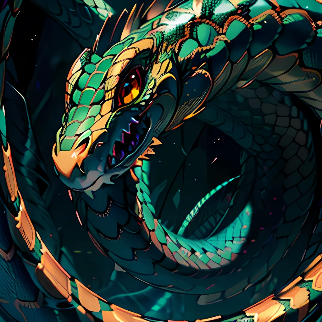 (extremely detailed CG Unity 8k wallpaper, masterpiece, best quality, super detailed), dramatic lighting, giant snake coiled into a stunning and delicate pose, eyes shining red with green scales, mixed with some purple