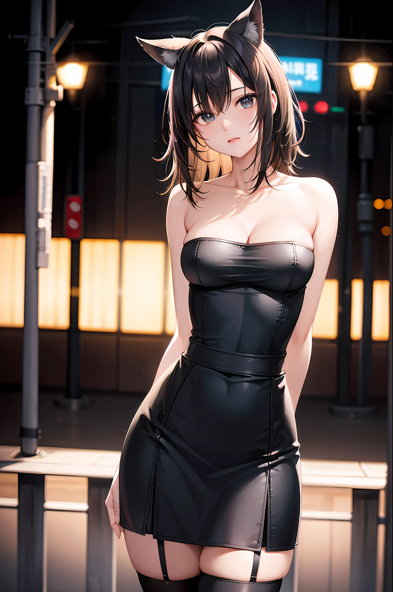 (8k, RAW photo, Best Quality, Masterpiece: 1.4), Ultra HD, (Real, Photorealistic: 1.48), Omertosa, 1 girl, (K-pop idol), (Aegyo: 1), Cute, (Ultra bokeh night city center:1.25), bokeh, night, traffic lights, street signs, rain, after rain, wet, professional lighting, detailed lighting, photon mapping, radiosity, physically based rendering, flowers in black pantyhose , backlighting, depth of field, natural light, hard focus, film grain, 1 meter shooting distance, professional photography, shot with Sony a9 II mirrorless camera, detailed eyes, realistic eyes, detailed shadows, viewer Look, dog ears, detailed lighting, skirt, black skirt, knee socks, black thigh high socks, (detailed hair, realistic hair, realistic lighting, realistic shadows, realistic clothing), realistic skin (gun on waist: 1), realistic light reflection from above, ((arm behind back)), (behind hand), tube top, sexy