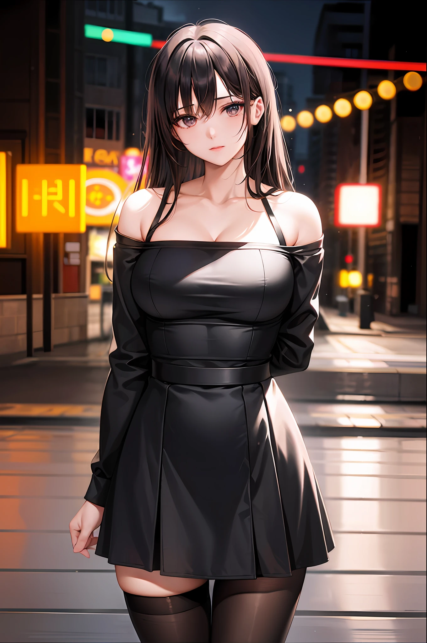 (8k, RAW photo, Best Quality, Masterpiece: 1.4), Ultra HD, (Real, Photorealistic: 1.48), Omertosa, 1 girl, (K-pop idol), (Aegyo: 1), Cute, (Ultra bokeh night city center:1.25), bokeh, night, traffic lights, street signs, rain, after rain, wet, professional lighting, detailed lighting, photon mapping, radiosity, physically based rendering, flowers in black pantyhose , backlighting, depth of field, natural light, hard focus, film grain, 1 meter shooting distance, professional photography, shot with Sony a9 II mirrorless camera, detailed eyes, realistic eyes, detailed shadows, viewer Look, dog ears, detailed lighting, skirt, black skirt, knee socks, black thigh high socks, (detailed hair, realistic hair, realistic lighting, realistic shadows, realistic clothing), realistic skin (gun on waist: 1), realistic light reflection from above, ((arm behind back)), (behind hand), tube top, sexy