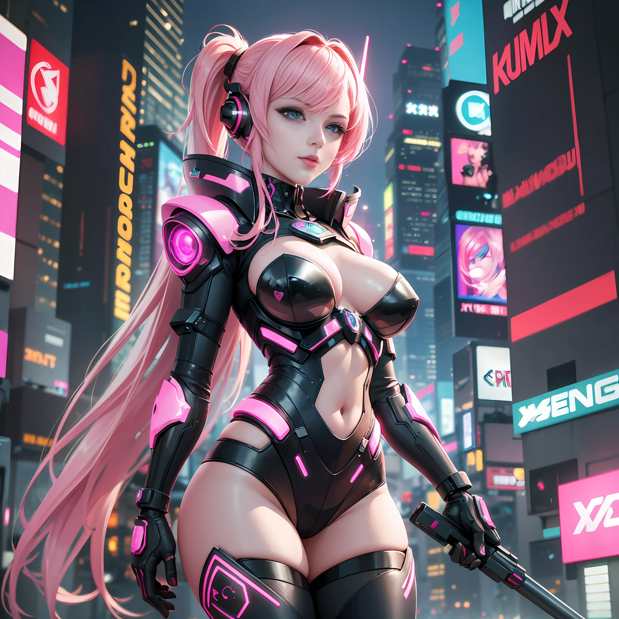 8k resolution, ultra-fine details, CG digital rendering, cyberpunk, female battle robot, perfect combination of machine and flesh, pink lips, delicate and beautiful facial features, cyberpunk-style night streets, psychedelic lighting, masterpieces of the highest quality, full-body photos