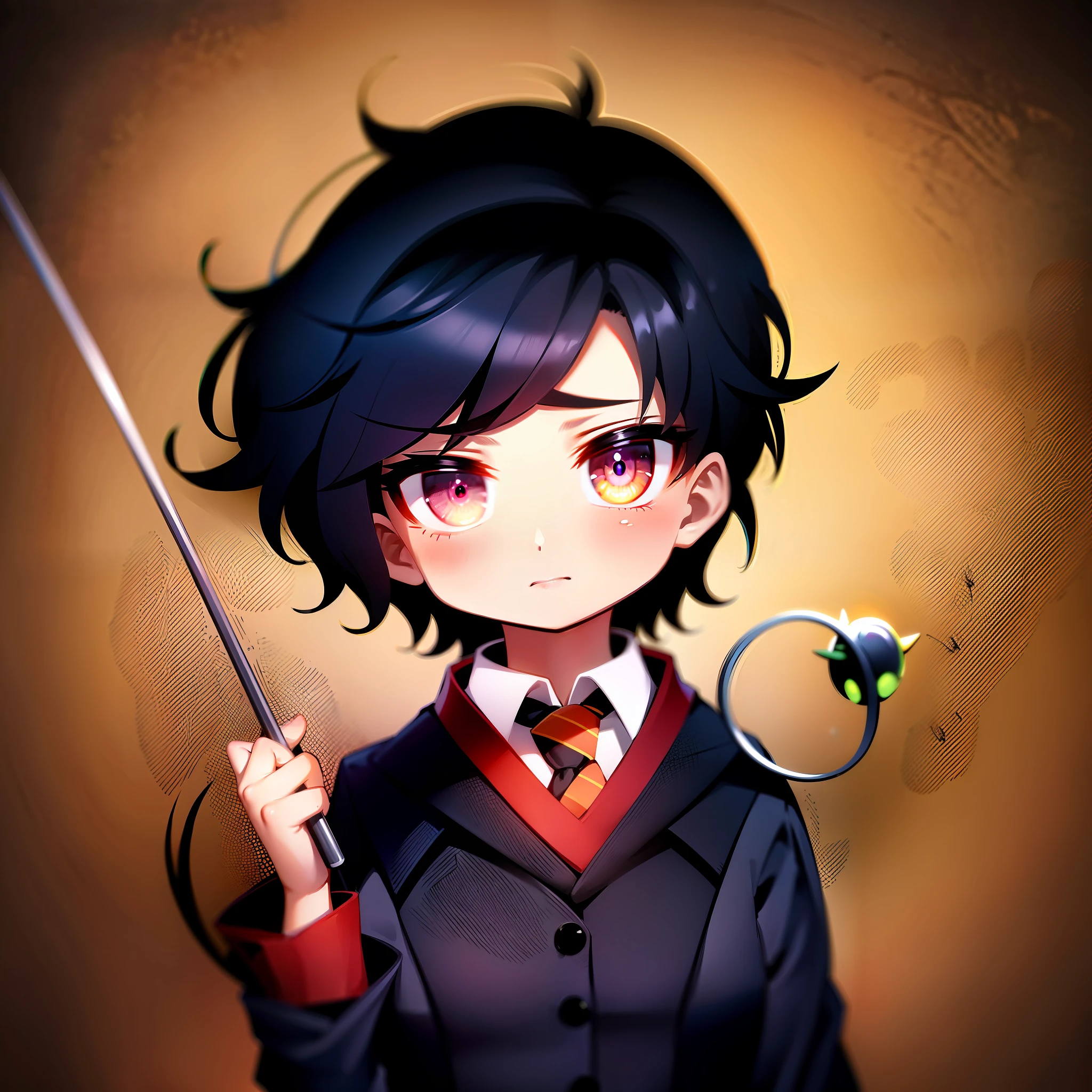 High resolution, ultra-detailed, captivating design, optical illusion, dynamic composition BREAK, expressive body language, silent storytelling, evocative gestures, visual narrative, theatrical BREAK, Harry Potter style, disdainful expression, wooden magic wand in hand, striped tie, Miyazaki Hayao style, black and white line drawing