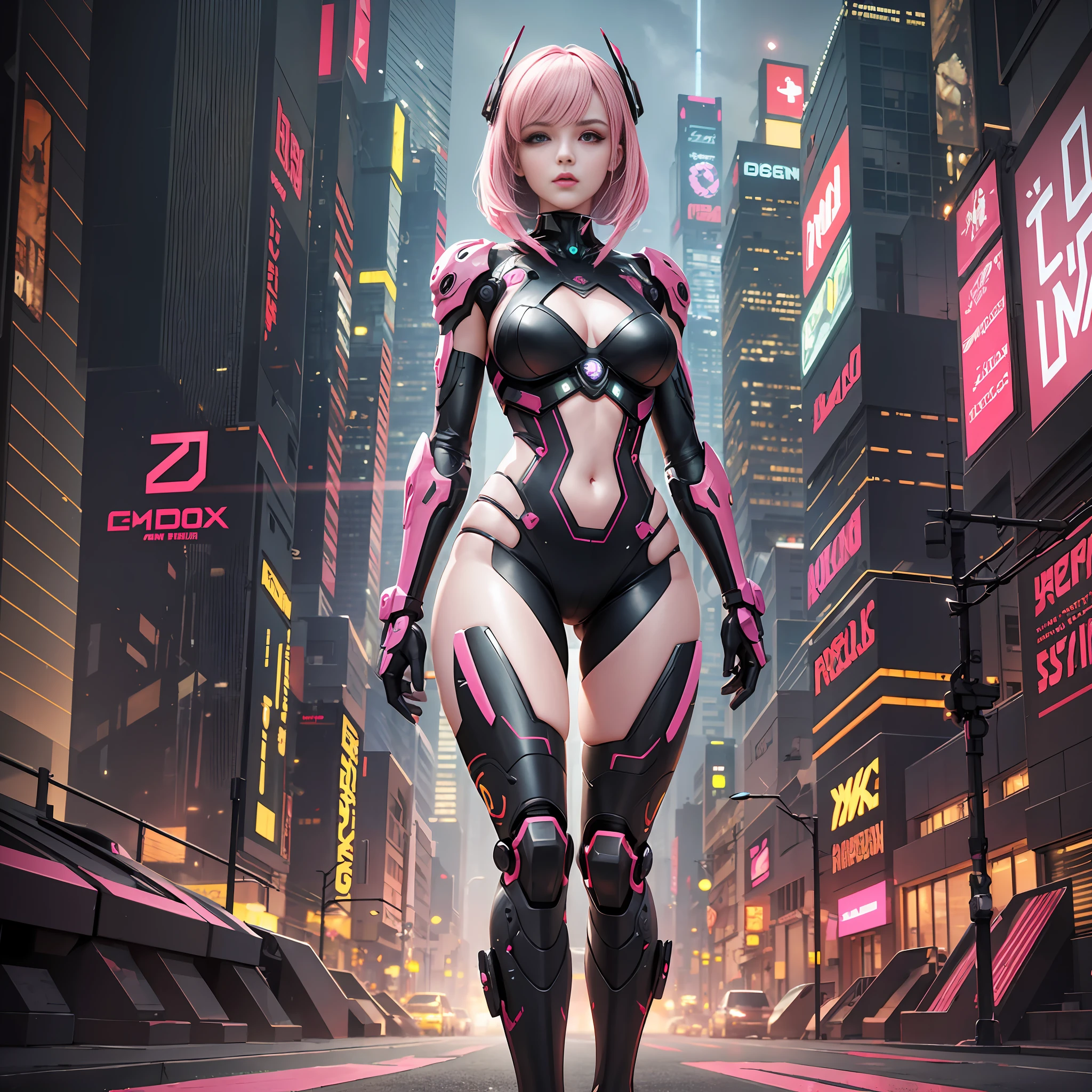 8k resolution, ultra-fine details, CG digital rendering, cyberpunk, female battle robot, perfect combination of machine and flesh, pink lips, delicate and beautiful facial features, cyberpunk-style night streets, psychedelic lighting, masterpieces of the highest quality, full-body photos