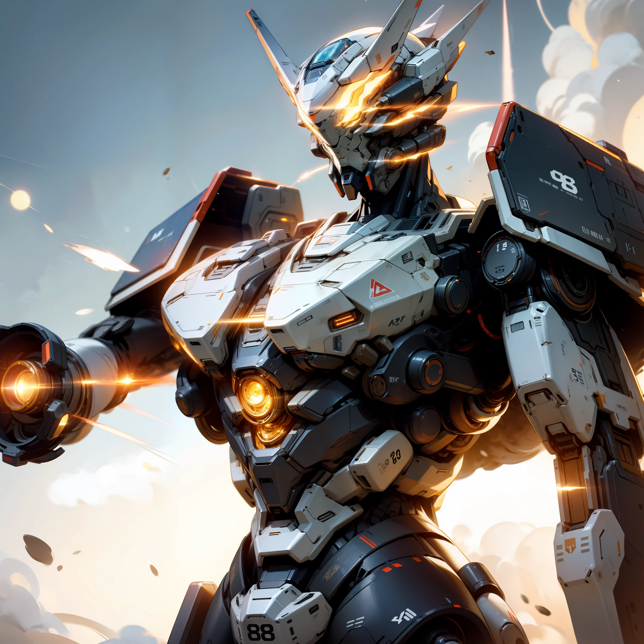 A futuristic mech warrior, in outer space, gathering energy, emitting energy shockwaves, 8K resolution, cinematic lighting, best quality, masterpiece, ((high definition))