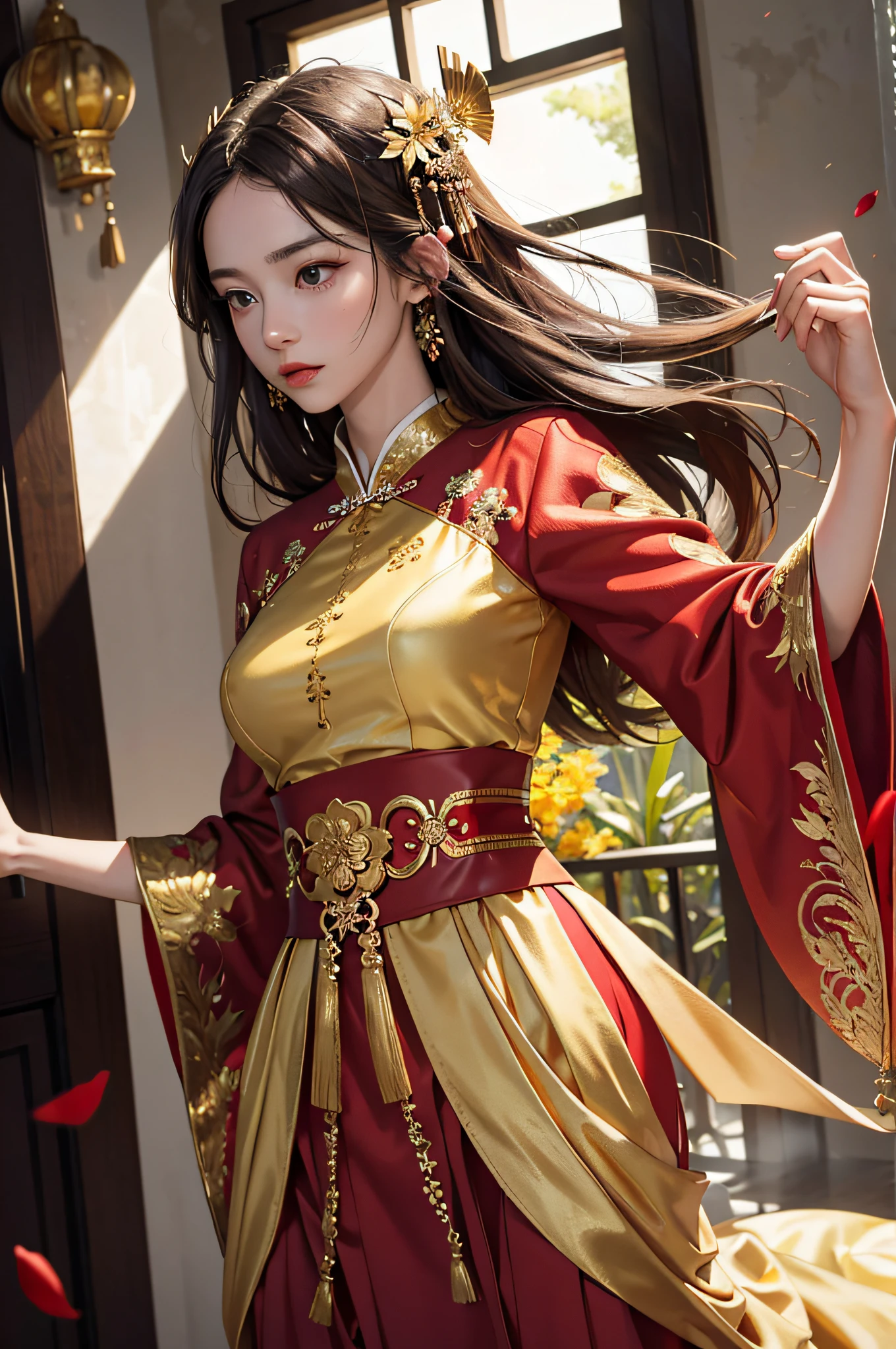 best quality, masterpiece, highres, (exquisite body:1.5),gorgeous face,(milky skin:1.3),intricate details,high resolution,wallpaper,
1girl, solo, dress, hair ornament, (((gold and red dress))), flowers, long hair, brown hair, closed mouth, jewelry, long sleeves, hand up, wide sleeves, big eyes,floating hair, chinese clothes, hanfu, embroidery, long skirt, natural pose, falling petals, indoor,fanning, lantern,
16K,HDR,highres,depth field,(film grain:1.1),boken,golden hour,(lens flare),vignette,rainbowing,(color grading:1.5)