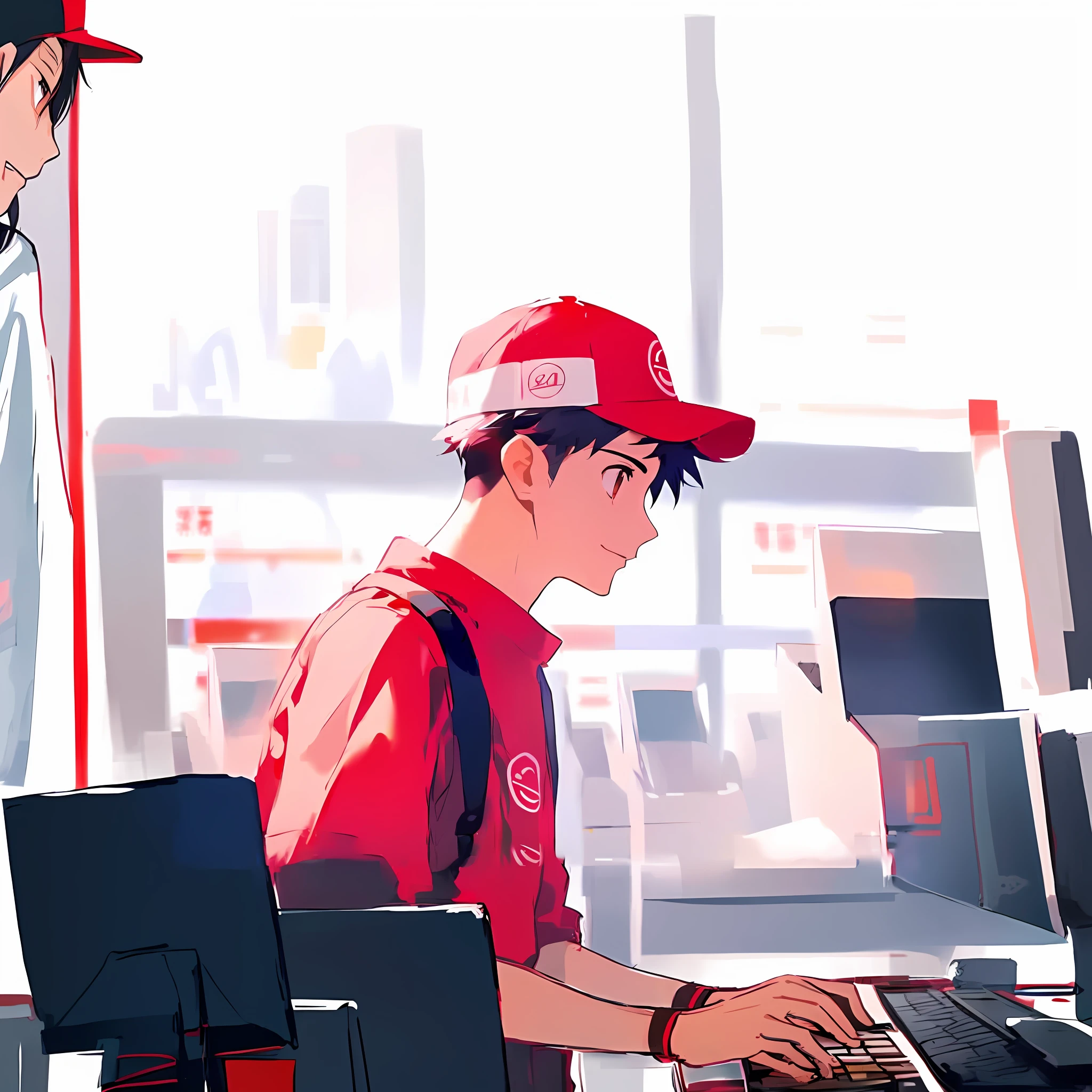 anime boy in red shirt and red cap using a computer, high quality anime artstyle, wearing a red backwards cap, akira artstyle, anime boy, anime artstyle, akira art style, makoto kano, shinji, kuvshinov ilya, high quality fanart, akira vibes, in the style of akira, akira movie style, in an anime style