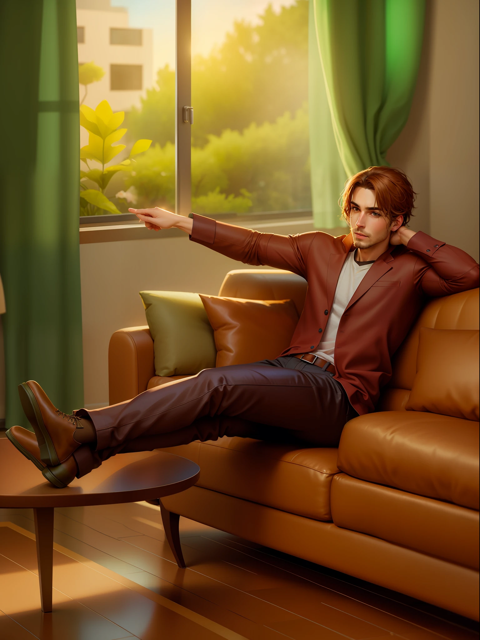 man sitting on a couch pointing to something, realistic art style, full body to, sitting on a couch, bowater art style, casual pose