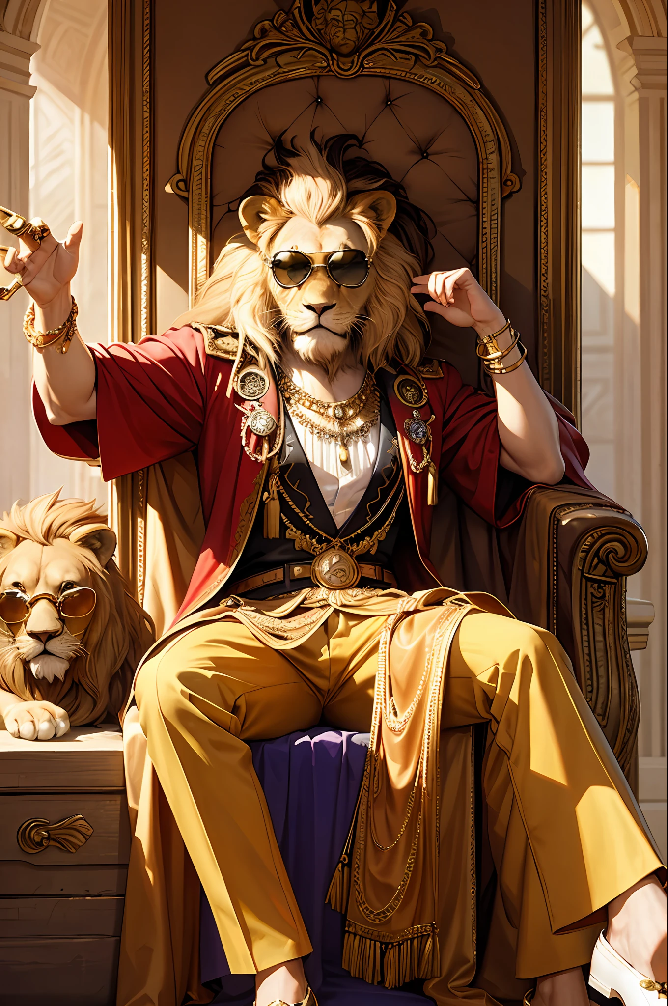 masterpiece, best quality, realistic, fashion lion, lion king, human lion head, glasses on head, gear, gemstone, sunglasses, gold, jewelry, magic ring, male_focus, pants, shoes, sunglasses, tassels, throne,