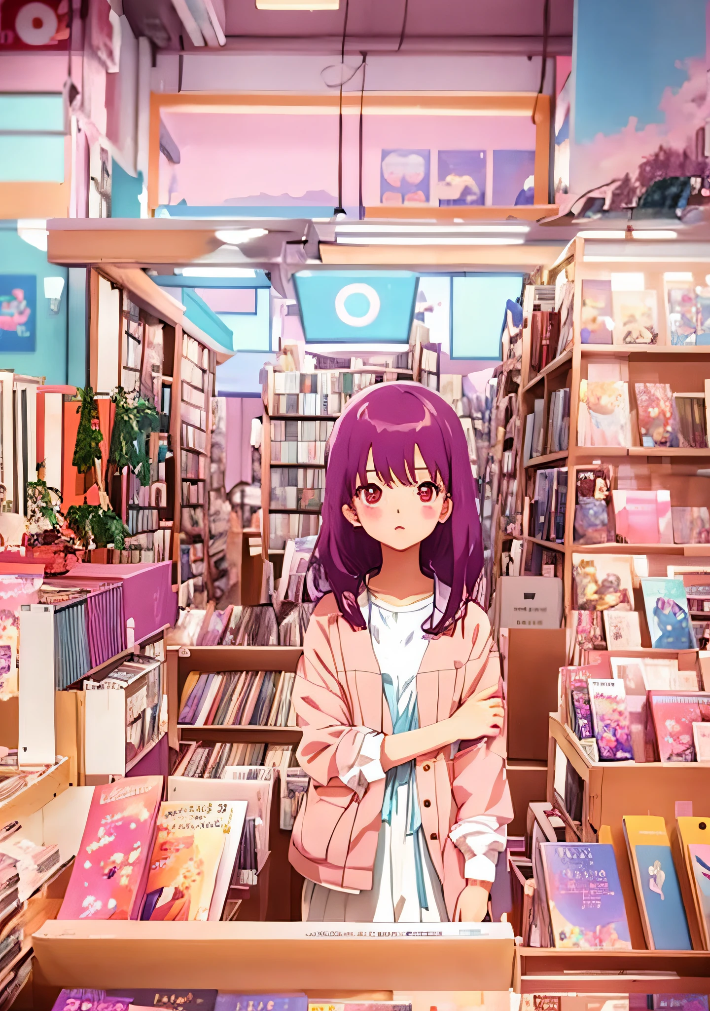 anime girl standing in a book store with books on shelves, lofi girl, lofi girl aesthetic, lofi art, anime visual of a cute girl, girl in a record store, anime aesthetic, lofi artstyle, lofi feel, lofi, retro anime girl, anime vibes, anime background art, tokyo anime scene, anime asthetic