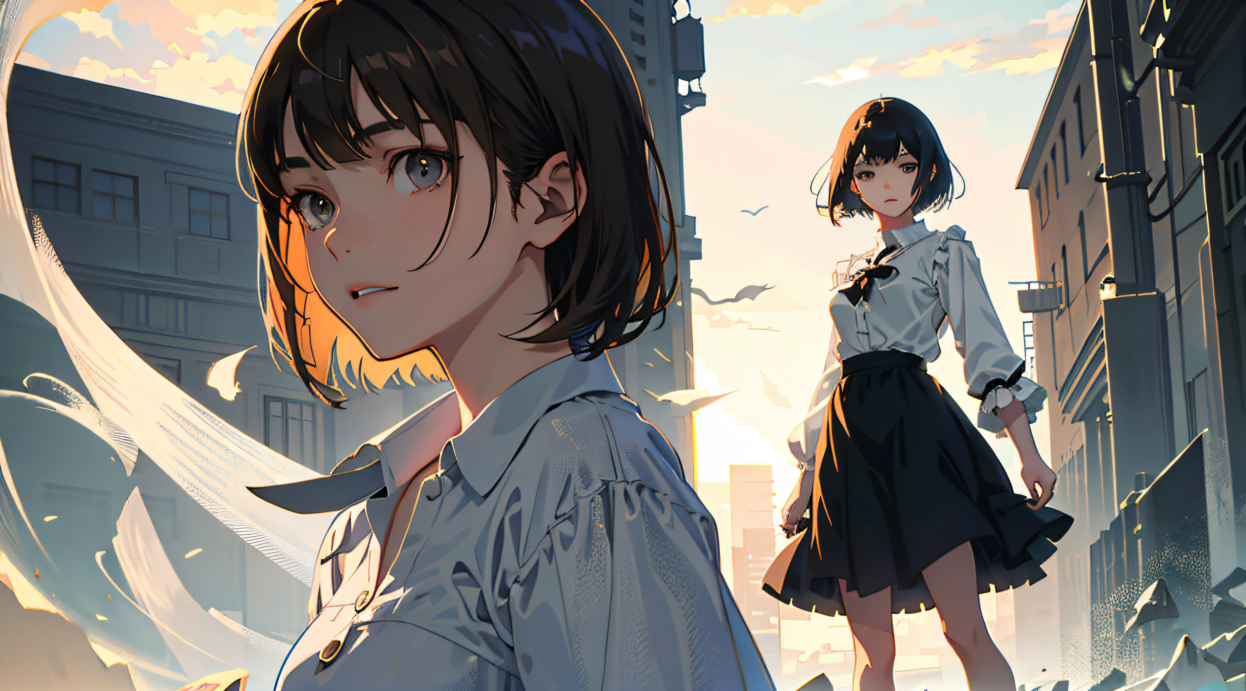 Detailed and perfect anime style illustration, brown short hair, very cute young woman, solo, wearing gray shirt and gray long skirt. Dramatic background, dramatic lighting Makoto Shinkai