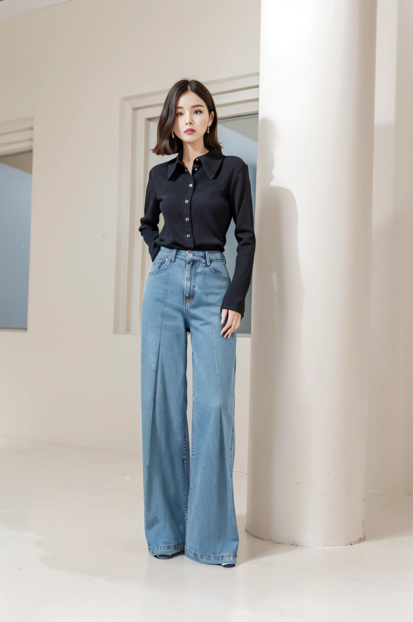 Masterpiece, face naturally detailed, Arad woman in black shirt and blue jeans standing in a room, casual modern outfit, wearing dark shirt and jeans, modern casual attire, big pants, jeans pants, loose jeans, jeans, jia, fashion outfit, wearing elegant casual clothing, korean female fashion model, pants, casual clothing style, loose fit shirt, jeans