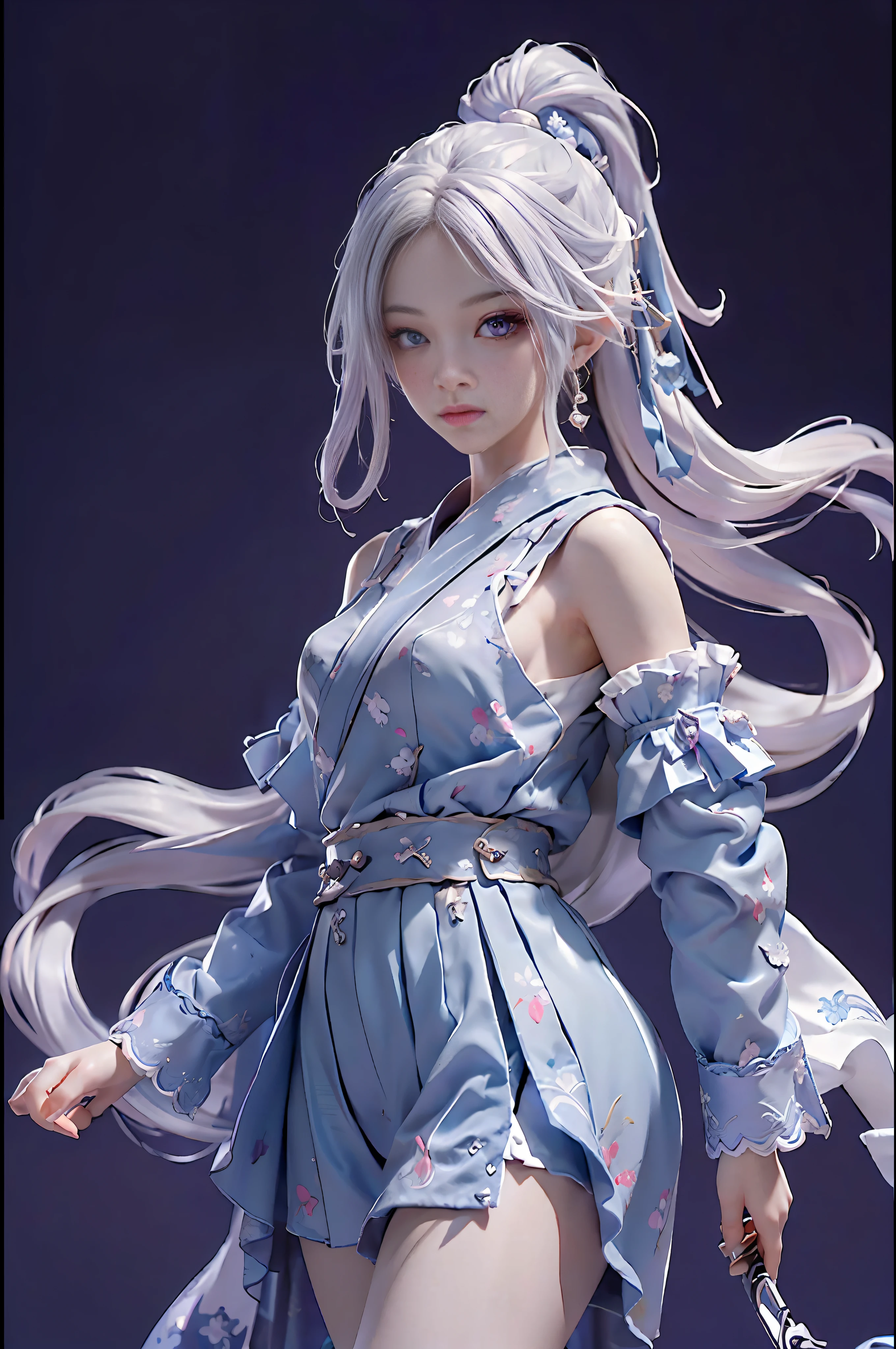 (((masterpiece))), (((best quality))), ((ultra-detailed)), (highly detailed CG illustration), cinematic light, intricate detail,
full body, chibi,
1girl, white hair, ponytail, purple eyes, (ninja), short sword, medium breats ,scarf, wallpaper, magic circle background, light particles, blue fire,