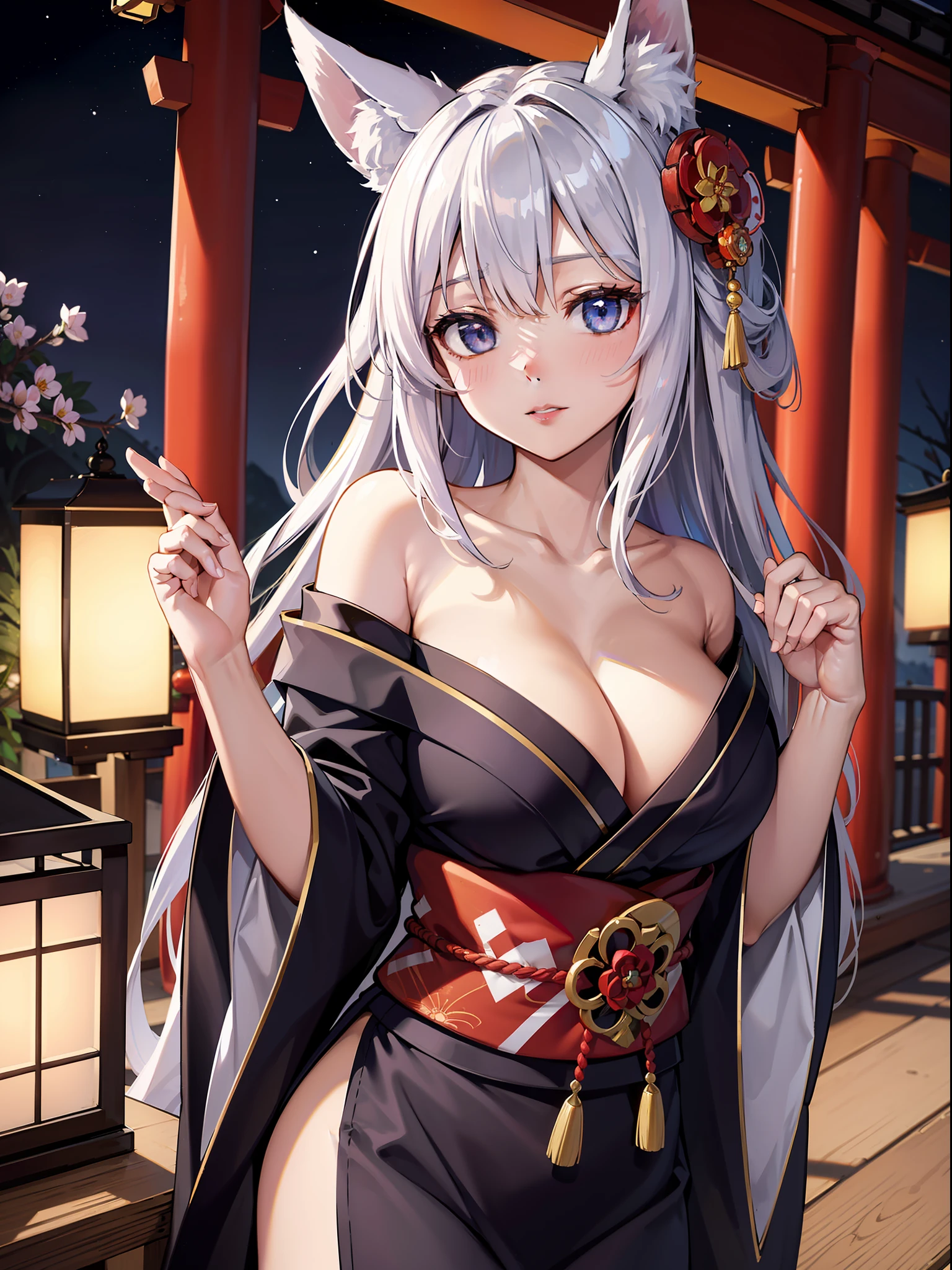 (absurdres, highres, ultra detailed), close-up of face, emphasis on face, focus on face, one woman, mature woman, aged, long straight hair, shiny beautiful hair, blue eyes, bangs, long sleeves, finely drawn eyes and detailed face, eye highlights, hands without breaks, rich lighting, pale pink lips, highly detailed CG unified 8K wallpaper, intricate details, portrait, gazing, solo, half shot, finely drawn face, soft smile, dynamic pose, classical period, (Ancient Japanese Subject: 1.1), Japanese mythology, fox ears, Japanese Ruler, Blue Kimono, Floral Kimono, Ancient Themes, (Prosperous Civilization: 1.1), Moon in background, (Immaculate: 1.1) Shrine, Torii, Japanese landscape, Ancient city in background, Fox mask, Fantastic, Dreamy, Romantic, Light dancing, Lantern, Austere, Night, Darkness, Stars, Portrait, Cinematic lighting, Flower hair ornament, Dating, cherry blossom.