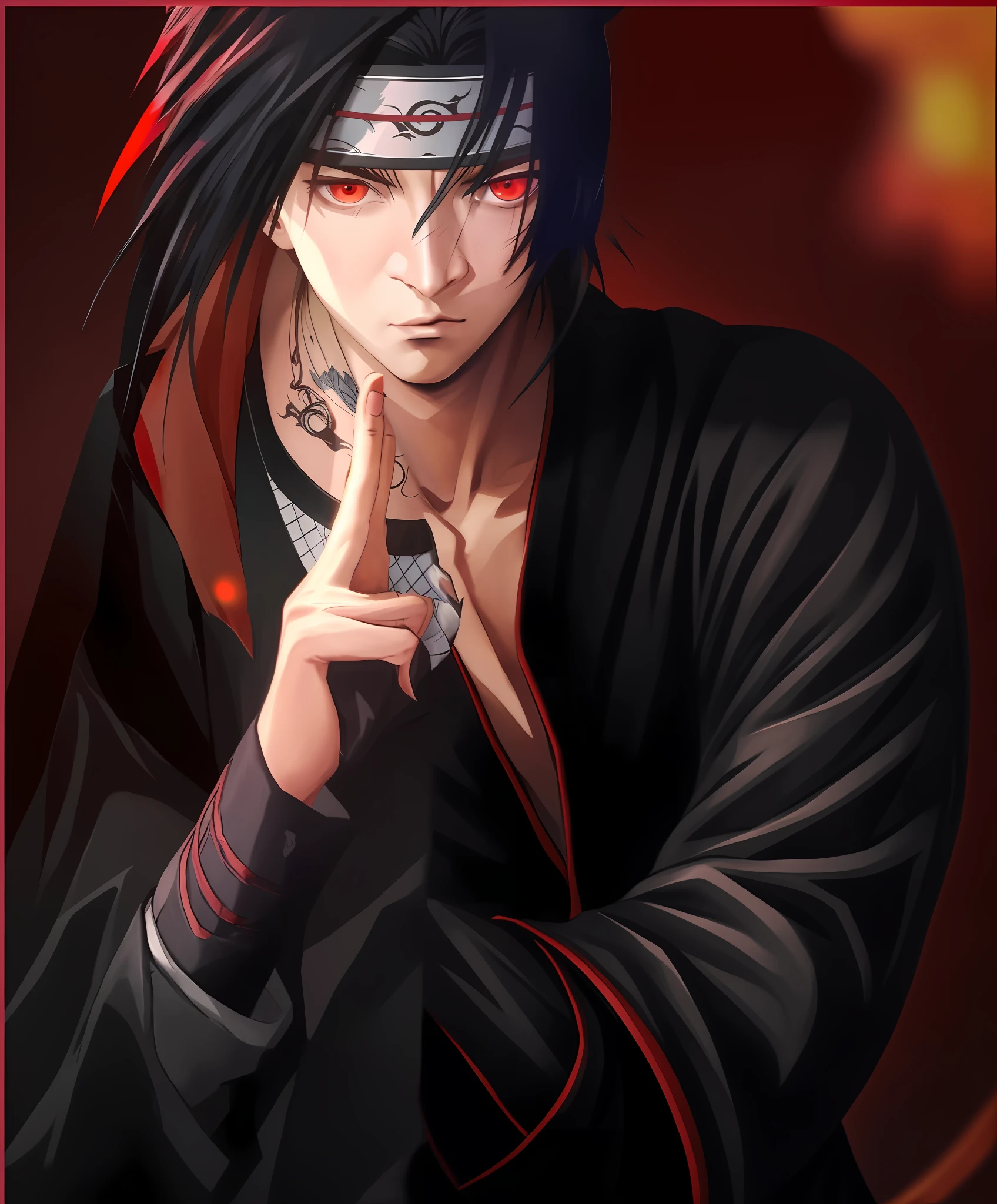 (Masterpiece), Uchiha Itachi (Best Quality), Ultra High Resolution, Professional Artwork, Super Detailed, Complex, Detailed Face, Perfect Lighting, 1 Man, (Red Eyes, Glowing Sharingan Eyes), Akatsuki Costume, Ninja, Black Cloak, Black Coat, Forehead Protection, (Collarbone), Mane, Head, Night, Night Sky, Crescent Moon, (Red Moon, Raven), Hand Knot, Outdoor, (Cowboy Lens, Long Shot)