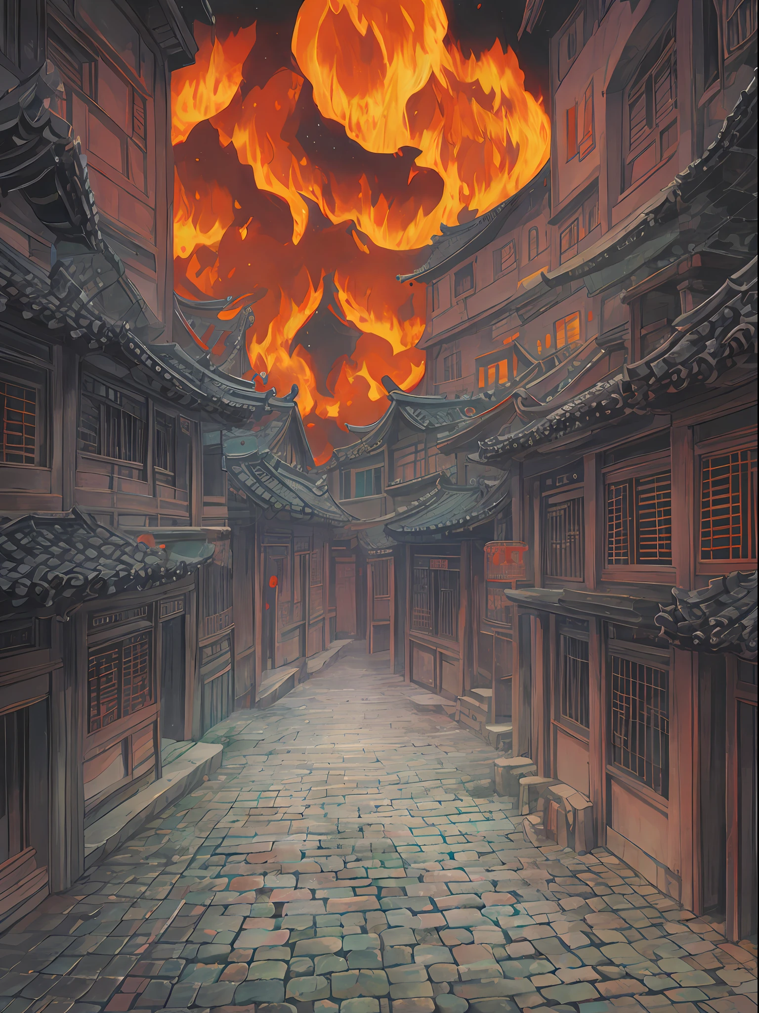 Chinese ancient city, gloomy, mysterious, horror, darkness, streets, ruins, flames, destruction, gloom, gray,