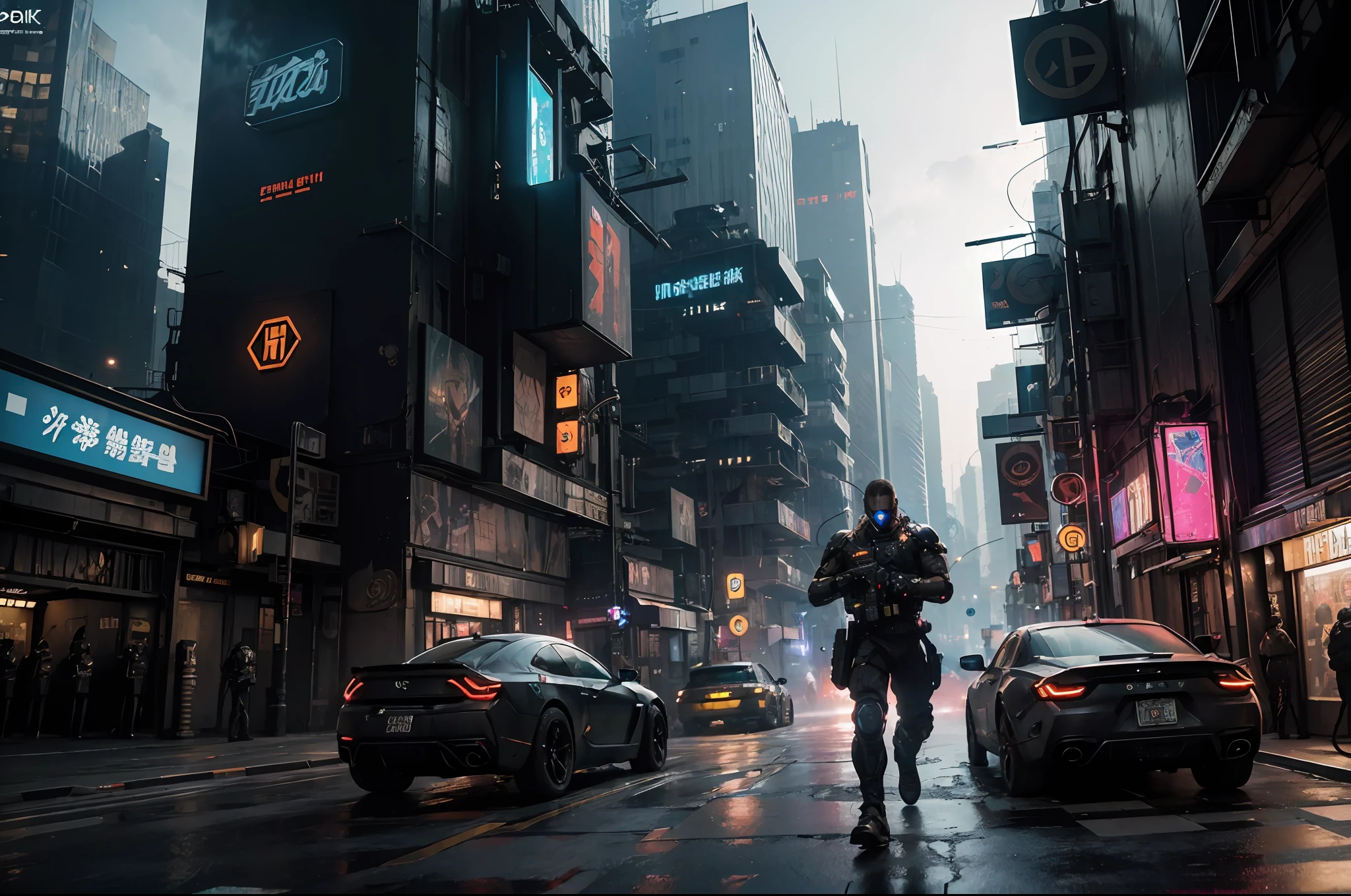 ((best quality)), ((masterpiece)), (detailed), (realistic),(official art),(extremely detailed CG unity 8k wallpaper), a captivating fusion of cyberpunk and special forces, (cyberpunk aesthetic:1.2), (advanced technology:1.1), (gritty atmosphere:1.3), (hyper-realistic art style:1.2), the special forces soldier with cybernetic enhancements, equipped with high-tech weaponry and augmented armor, (cybernetic warrior:1.1), (intense expression:1.2), neon-lit cityscape in the background, bustling with futuristic elements, (urban dystopia:1.1), (action-packed scene:1.2), (digital illustration:1.2), 8k resolution