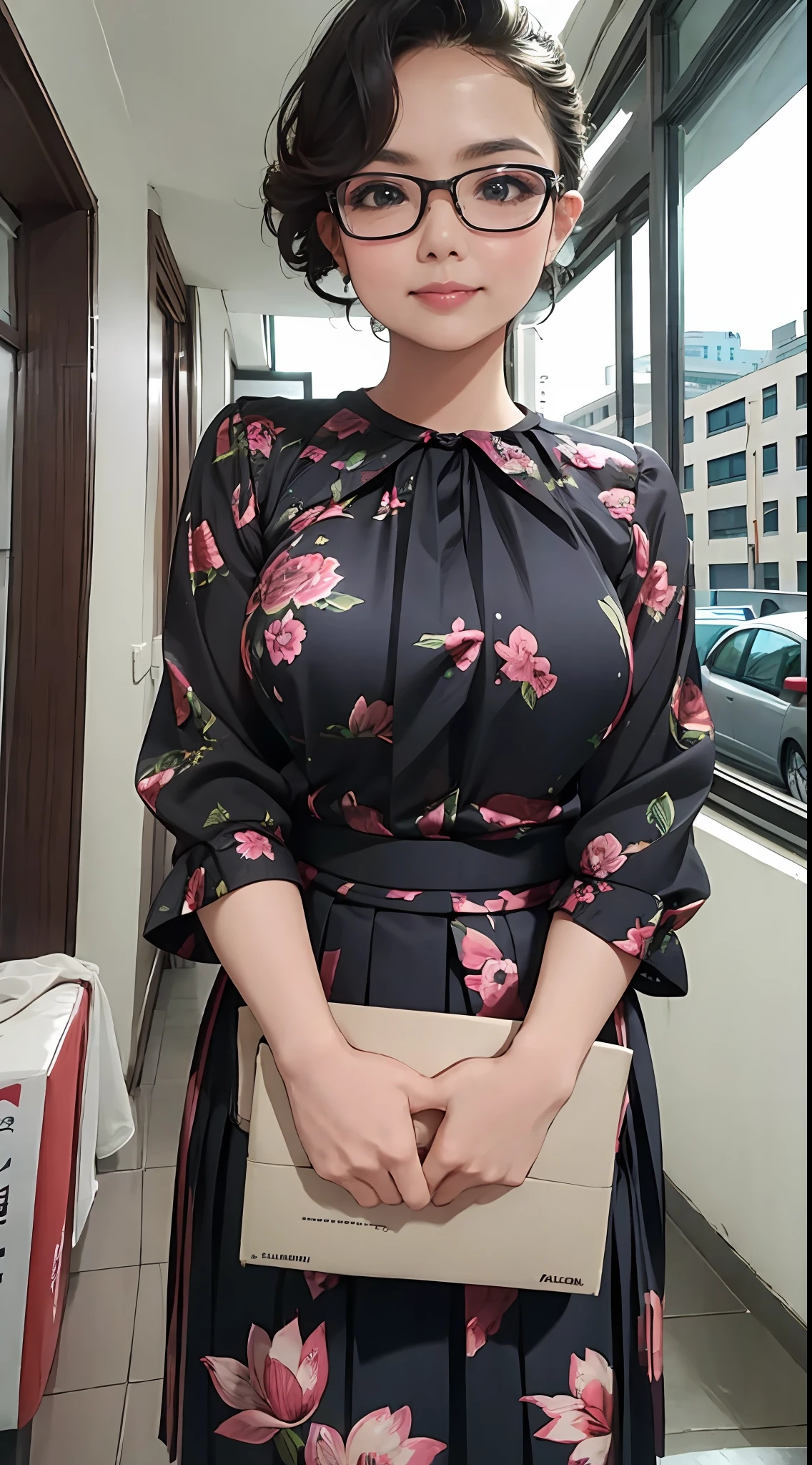 (masterpiece, best quality), beautiful woman, detailed printed blouse, pleated skirt, short wavy hair, glasses, perfect face, beautiful face, alluring, big gorgeous eyes, soft smile, perfect slim fit body, city downtown, kuala lumpur, bright colors