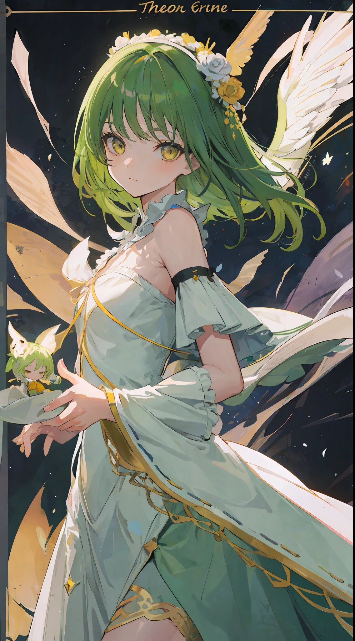 1Girl, bright green hair, yellow eyes, wears a white dress, she is a doll, make it like tarot anime-style but no frame