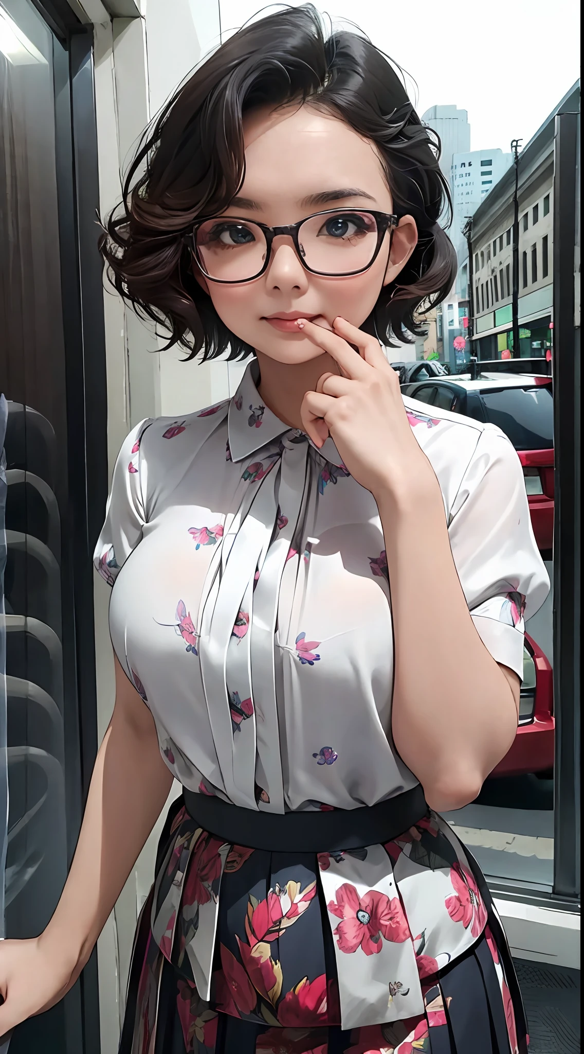 (masterpiece, best quality), beautiful woman, detailed printed blouse, pleated skirt, short wavy hair, glasses, perfect face, beautiful face, alluring, big gorgeous eyes, soft smile, perfect slim fit body, city downtown, kuala lumpur, bright colors
