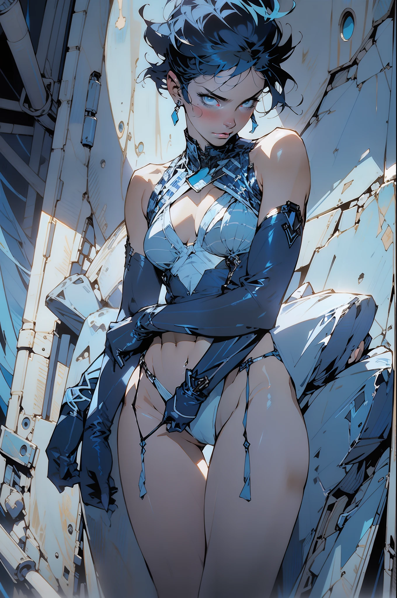 ((Best quality)), ((masterpiece)), (detailed: 1.4), (((light blue and white stripes)))), (((short hair))), A muscular 35-year-old warrior woman almost naked in the Simon Bisley style for the cover of Heavy Metal magazine, bare thighs, tiny thong, garter belt, (((black hair with blue locks))), clean face, Minimum clothing, sensual pose, light blue neon genesis carbon fiber clothing with small details in dark blue and white, (((blue clothing))), (((mature woman))), (((full body)), (((tiny blue thong))), Annie Lennox, oaka_studio, artstation
