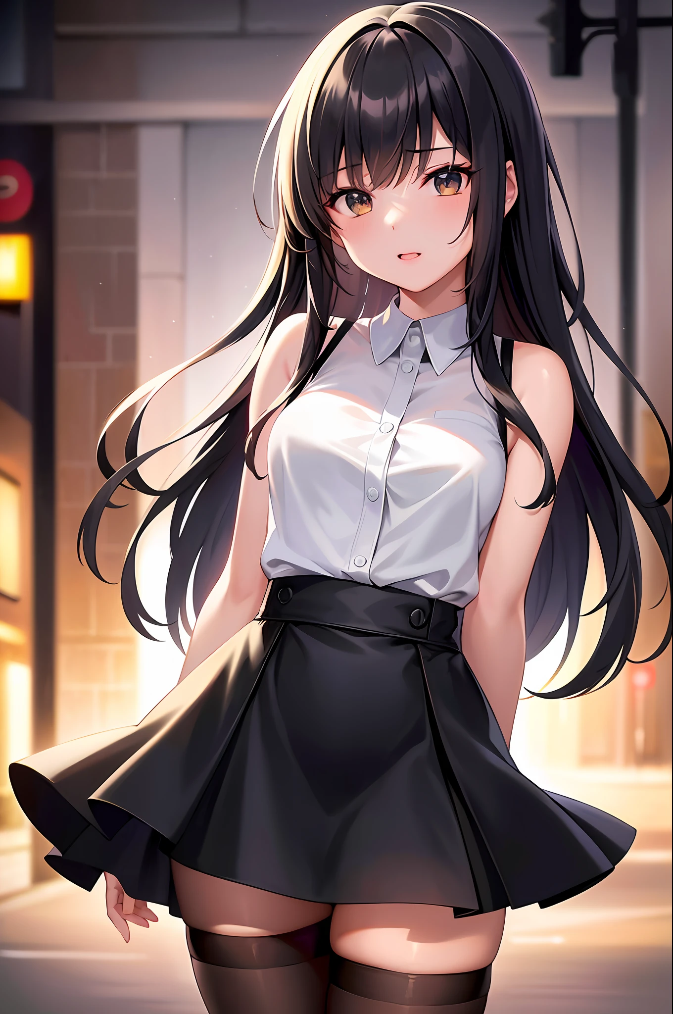 (8k, RAW photo, Best Quality, Masterpiece: 1.4), Ultra HD, (Real, Photorealistic: 1.48), Omertosa, 1 girl, (K-pop idol), (Aegyo: 1), Cute, (Ultra bokeh night city center:1.25), bokeh, night, traffic lights, street signs, rain, after rain, wet, professional lighting, detailed lighting, photon mapping, radiosity, physically based rendering, flowers in black pantyhose , backlighting, depth of field, natural light, hard focus, film grain, 1 meter shooting distance, professional photography, shot with Sony a9 II mirrorless camera, detailed eyes, realistic eyes, detailed shadows, viewer Look, dog ears, detailed lighting, skirt, black skirt, knee socks, black thigh high socks, (detailed hair, realistic hair, realistic lighting, realistic shadows, realistic clothing), realistic skin (gun on waist: 1), realistic light reflection from above, ((arm behind back)), (behind hand), tube top, sexy