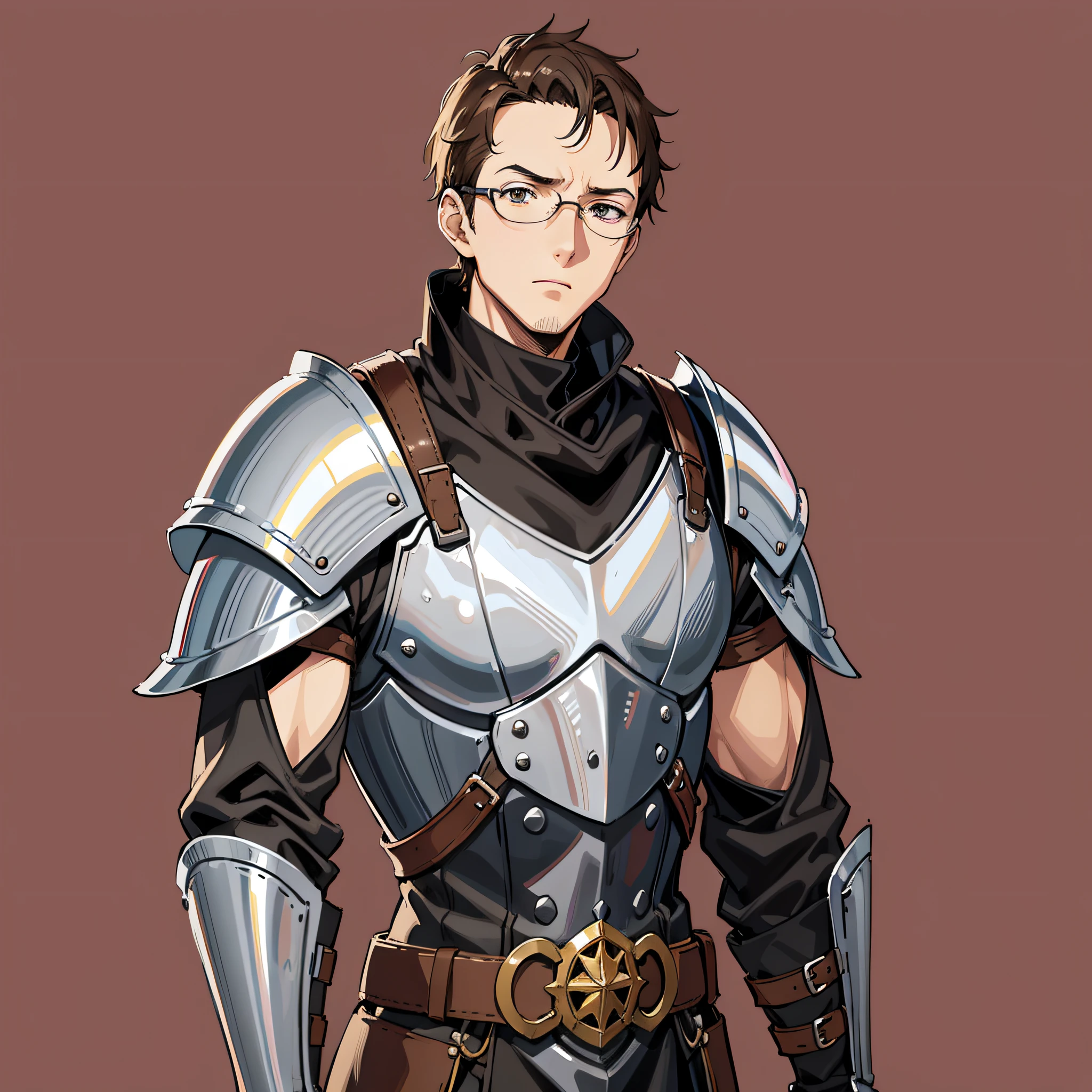 Screenshots of the Anime A brown-haired, short-haired, round-glassed man dressed in the costume of a medieval European knight stands looking at us with a very troubled expression. The figure is lean. Fine line art 2020s anime