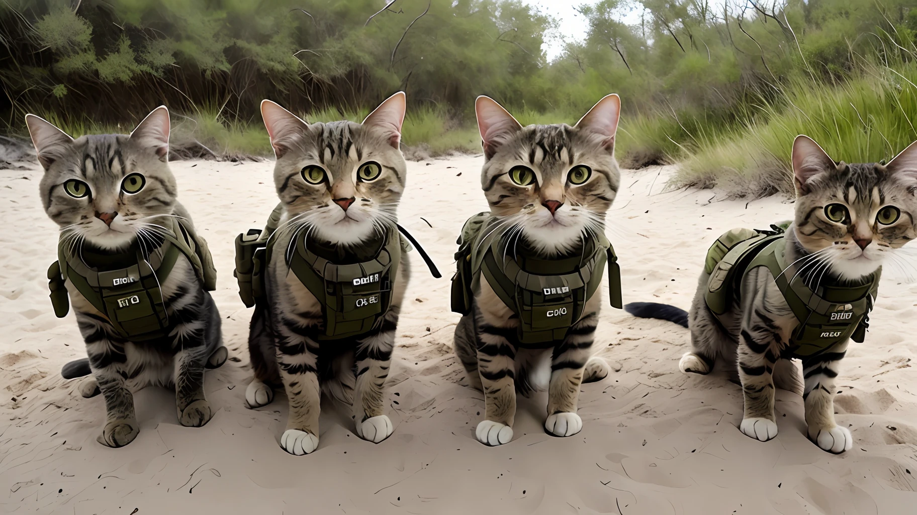 GoPro footage of badass cat group, army style, camouflage vest, beach, looking camera, soft volume light,
