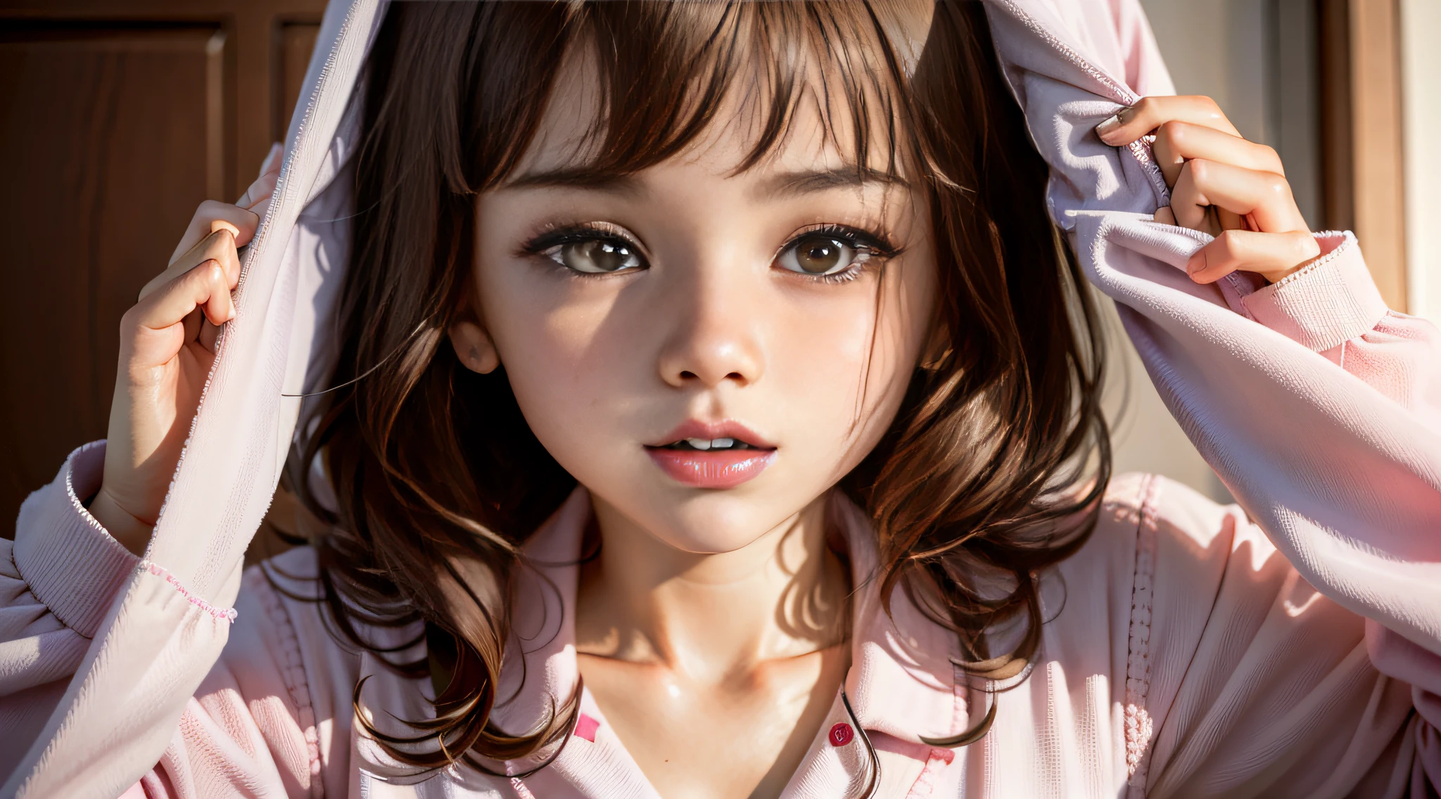 A girl, 22 years old, wearing pink pajamas, brown hair, close-up of her face, expression of horror: 1.6