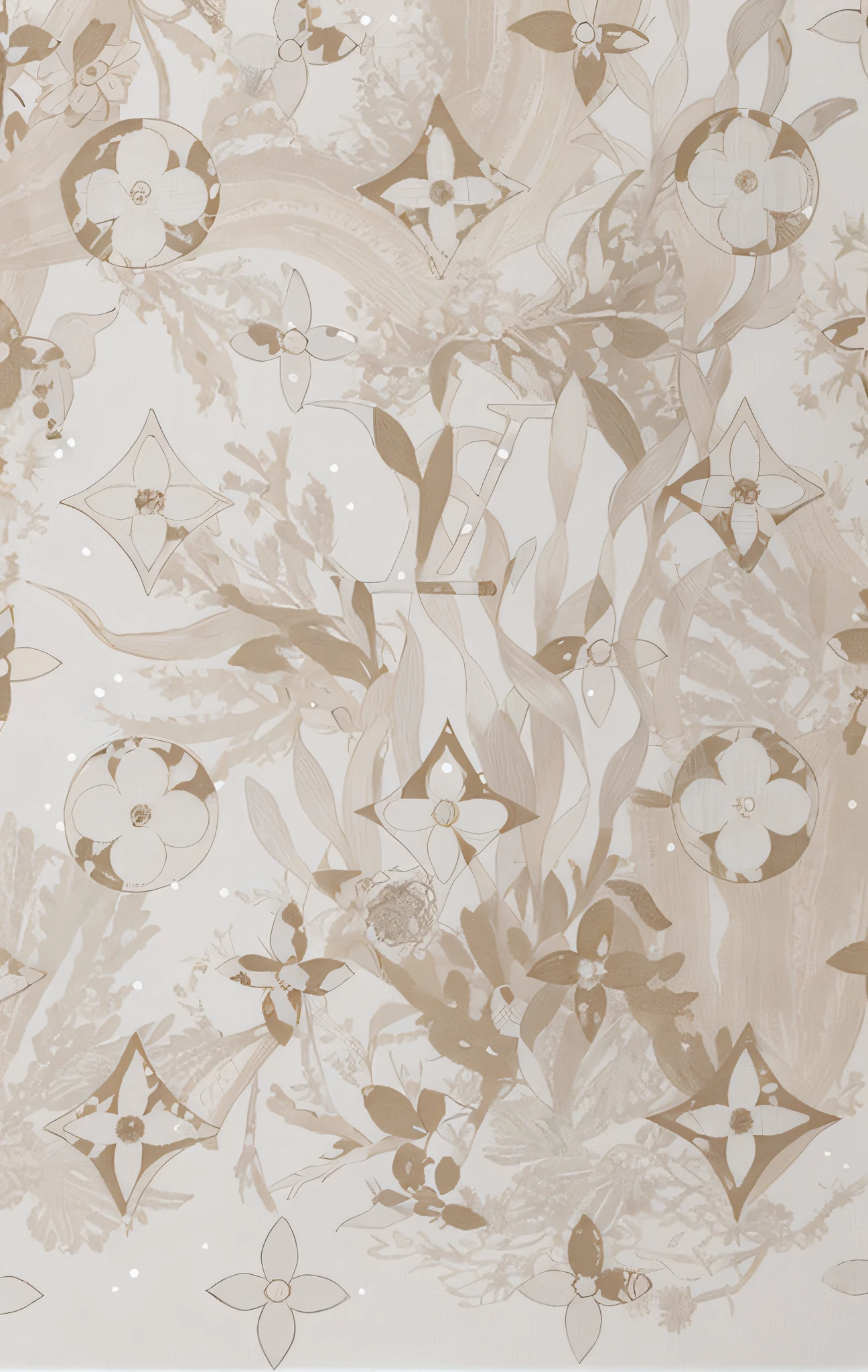 There is a print picture with pattern, LOGO, fabric, beige, Louis Vuitton, watercolor blend, textile print, 2023, white splendid fabric, wallpaper design, engraved marble texture silk cloth, letters, elegant fabric, inspired by Louise Abema --auto --s2