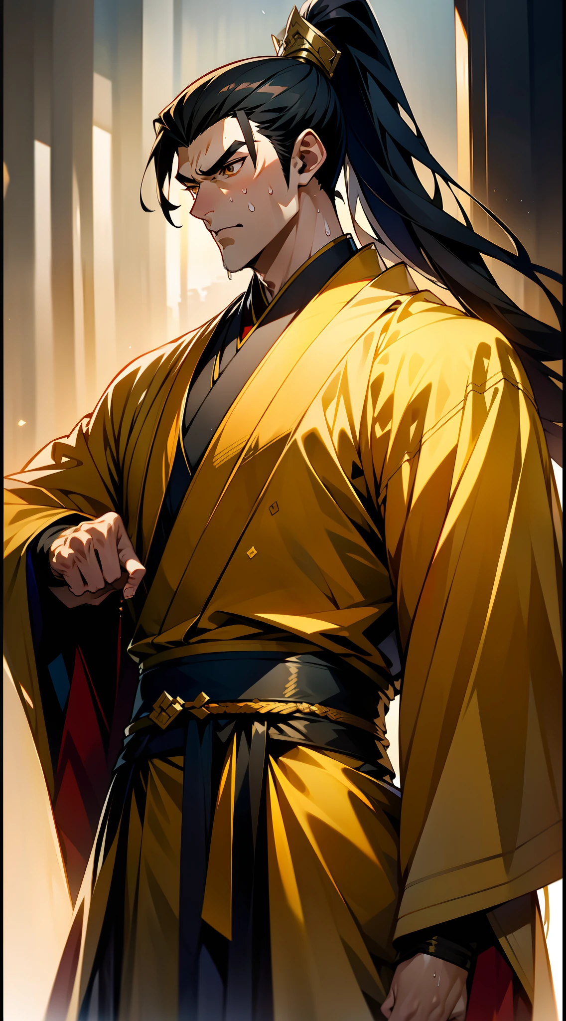 Two-dimensional, anime style, man (male warrior), muscle, correct proportions, face details, martial arts, high ponytail hairstyle, neck details, with Adam's apple, Hanfu costume, long robe, embroidered robe, dragon robe, clothes details, collar, long sleeves, game quality, swordsman demeanor, light and shadow tracing, ray tracing, detail glow, CG rendering, hair details, long black hair, golden eyes, sweaty face, handsome, (juvenile feeling), complex clothing, perfect composition, refinement, high quality, more details, a lot of details, Complex background, sense of atmosphere,