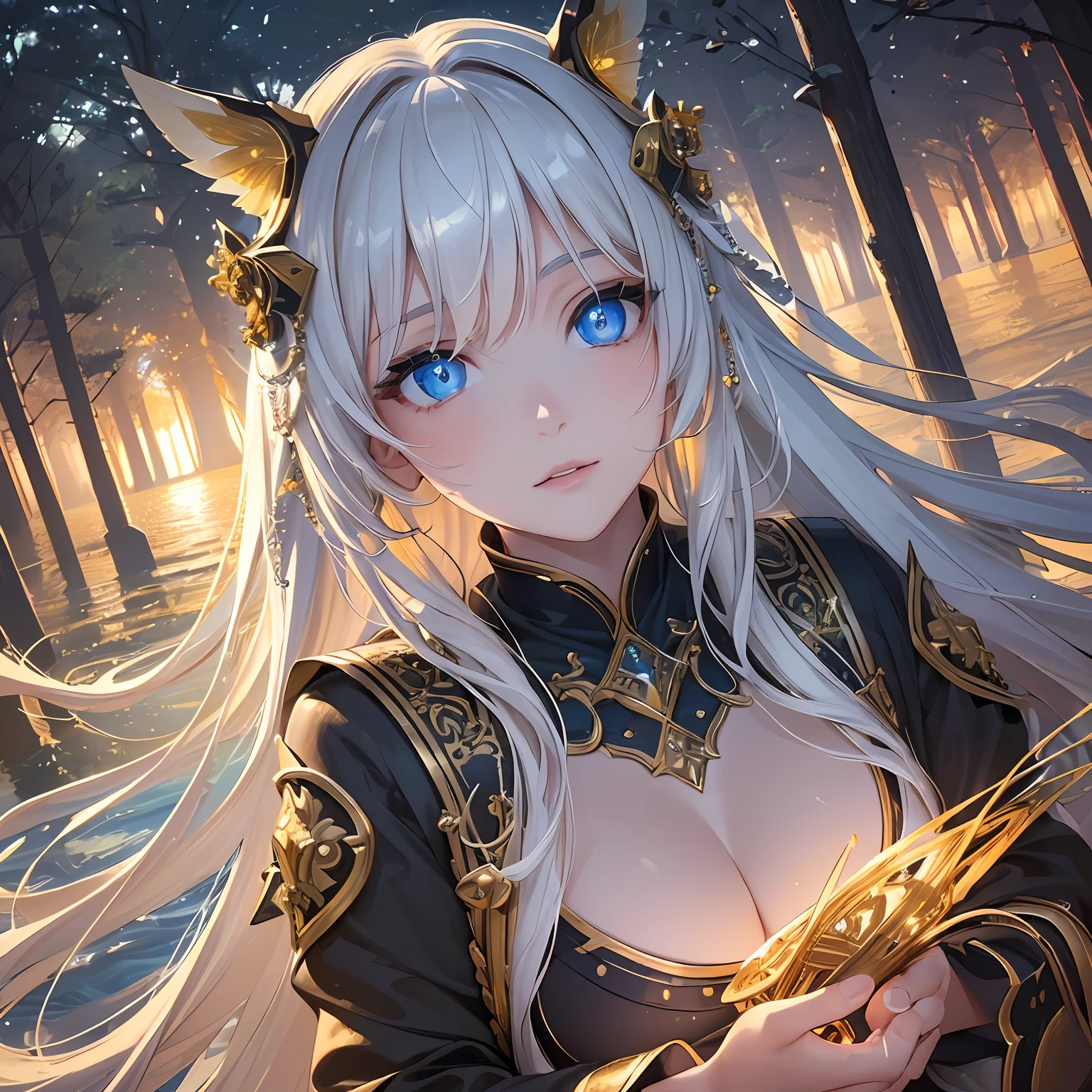 (best quality:1.4), (masterpiece:1.2), (best lighting), (amazing landscape), (extremely detailed eyes:1.4), (yellow eyes, incandescent, glowing, bioluminescent), (shimmering eyes), a beautiful girl with red fire, straight hair, fair, white skin, background of lake scenery, cinematic lighting[Niji:5.2]