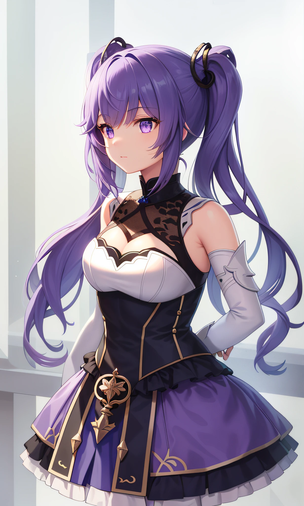 Dynamic lighting, high resolution, sharp focus, depth of field, best shadows, 1 girl, masterpiece, the best, very detailed CG", facial details, best quality, two-dimensional, sci-fi, genshin Keharu, cute, cold, total angle hairstyle! Cat decoration, hair color light purple, posture standing, bone-in translucent skin, beautiful girl with mechanical elements, top quality, more in line with the conditions, hidden hands, closer to the original setting --auto --s2