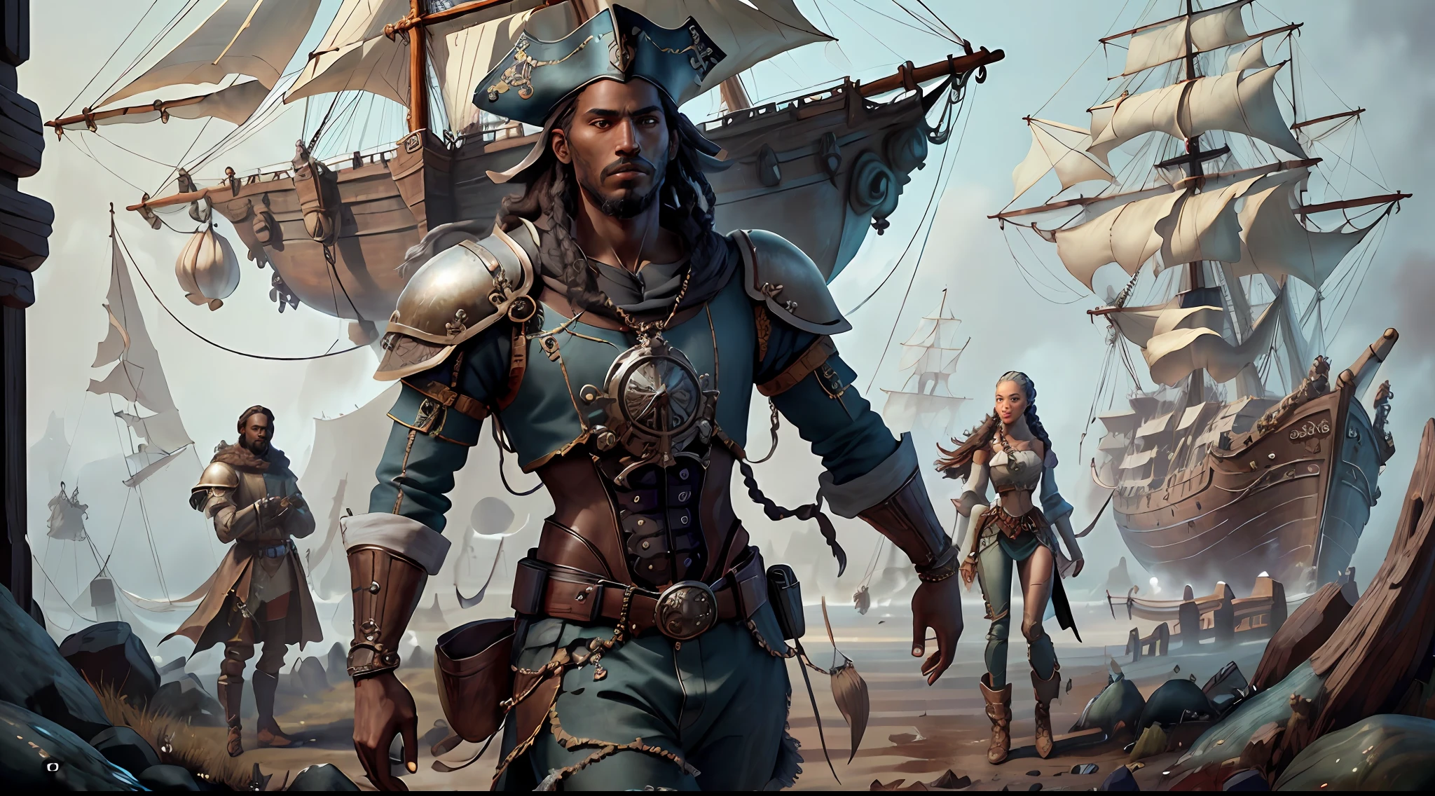 (((multi-person interaction, with men and women))), (highly detailed RAW color photos, ridiculous resolution, high resolution, super detailed), ((r 9 6 angles)), dark skin, handsome, fearless and brave expression, mature, thin shoulders, very thin body, black captive dark pirate hat, white dirty braids, vibrant green eyes, (detailed eyes and detailed face), extremely detailed 8k photo, (full body: 0.9), beautiful woman, outboard, offboard background, detailed face, (Medieval Fantasy Theme: 1.3), Light Blue Pirate Theme Armor with Highly Intricate Details, Blue Pants, Ship in the Background, Inside the Ship, Deck of the Ship, Inspired by Dungeons & Dragons, Digital Artwork, Surreal, Photography, Soft Lighting, Soft Detail, Octane, ArtStation Trend, Ultra High Detail, Surreal, Movie, 16k,