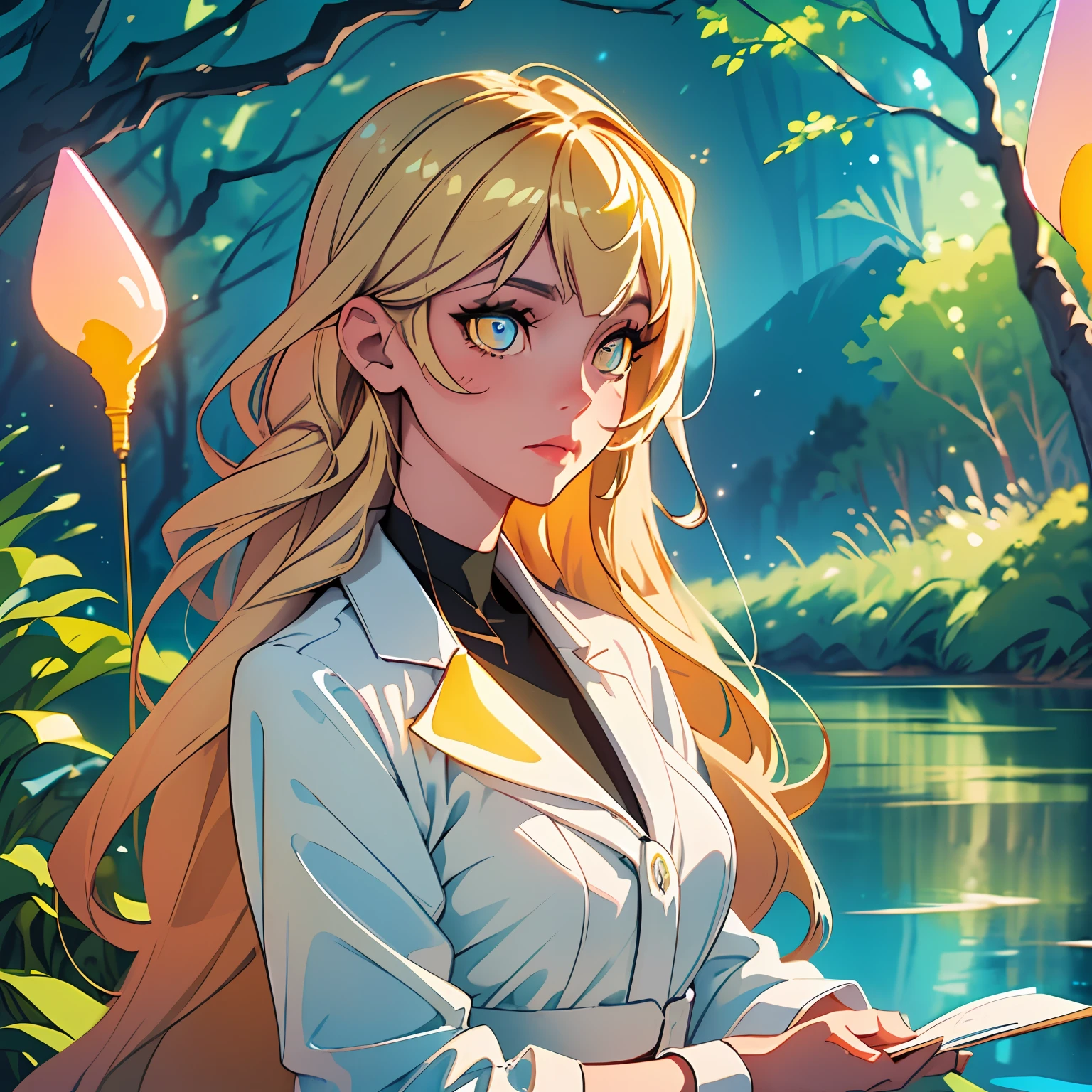 (best quality:1.4), (masterpiece:1.2), (best lighting), (amazing landscape), (extremely detailed eyes:1.4), (yellow eyes, incandescent, glowing, bioluminescent), (shimmering eyes), a beautiful girl with blond, straight hair, fair, white skin, background of lake scenery, cinematic lighting[Niji:5.2]