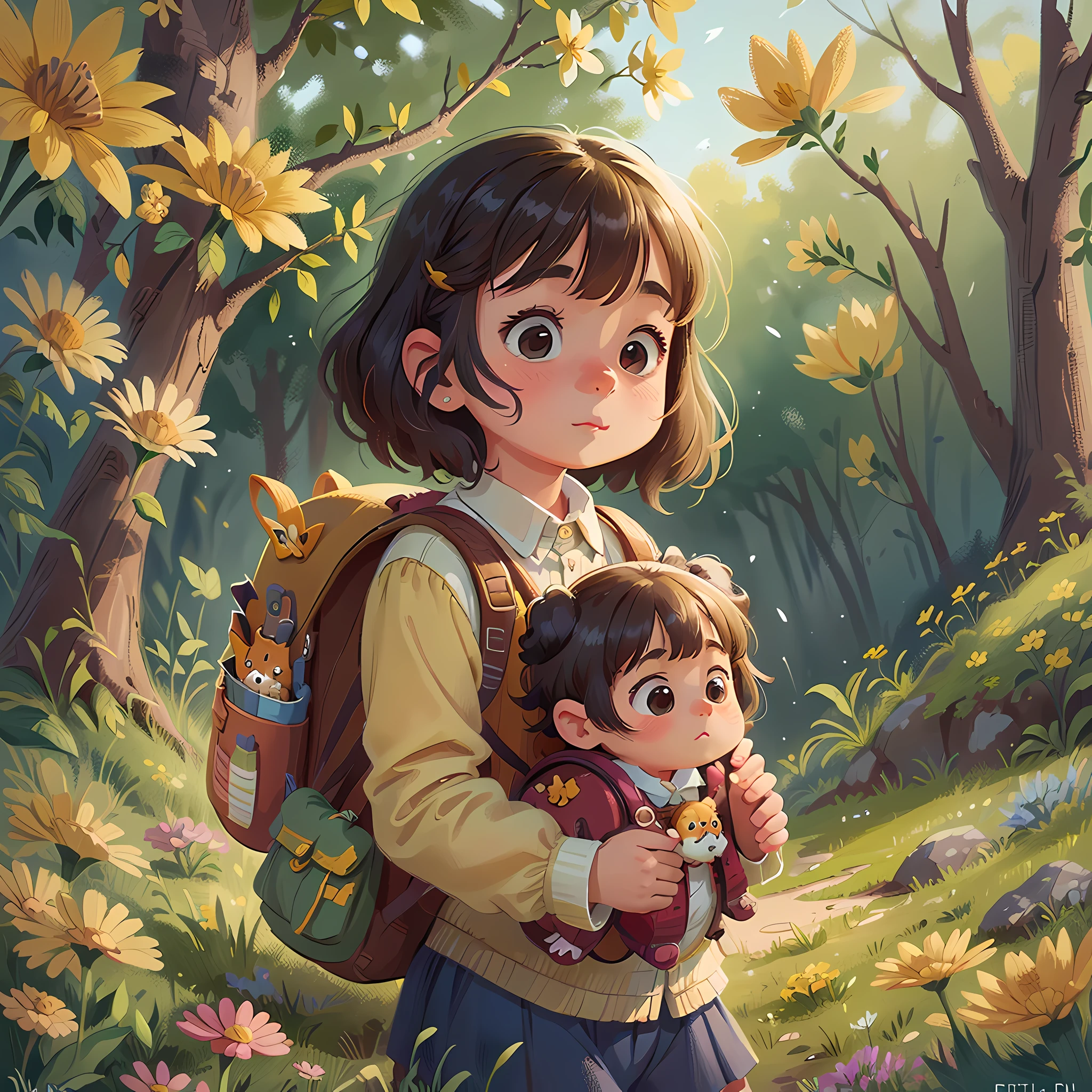 Tip: A very charming girl with a backpack and her adorable puppy enjoying a lovely spring outing surrounded by beautiful yellow flowers and nature. The illustration is a high-definition illustration in 4K resolution with highly detailed facial features and cartoon-style visuals.