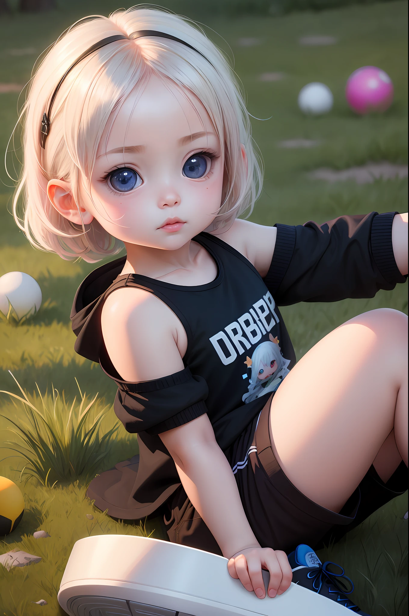realistic portrait of cute baby ((white skin color)), big eyes, sitting playing with a ball, ((chibi)), ((ball)), ((grass)), wearing tank top, black pants and supra shoes, current fashion, vikings style hair, dark lighting background, close-up, product vision, detailed facial details, perfect face, sharpness, trend art, sharp facial details, cgsociety, ultra high quality digital art, Exquisite hyper details, 4K, 8K neon lighting, --ISO 100 dreamer, fashion-
