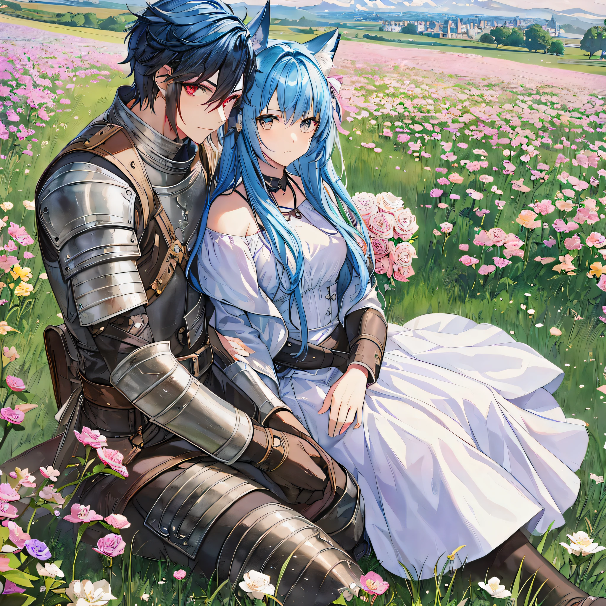 male face, red colored eyes, black hair, looking at girl (passionate look), male anime face