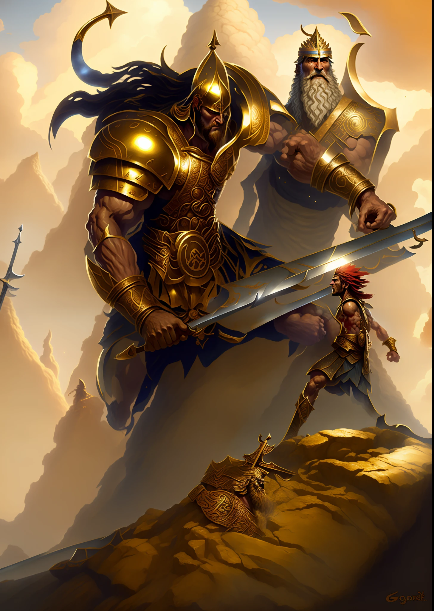 a close up of a person holding a sword on a hill, gilgamesh, painting of goliath, david and goliath, conan, a massive celestial giant god, key art, anime epic artwork, greek myth digital painting, kratos, official art, god of war, mythology artwork, godrays digital painting, demigod, as a titan, barbarian