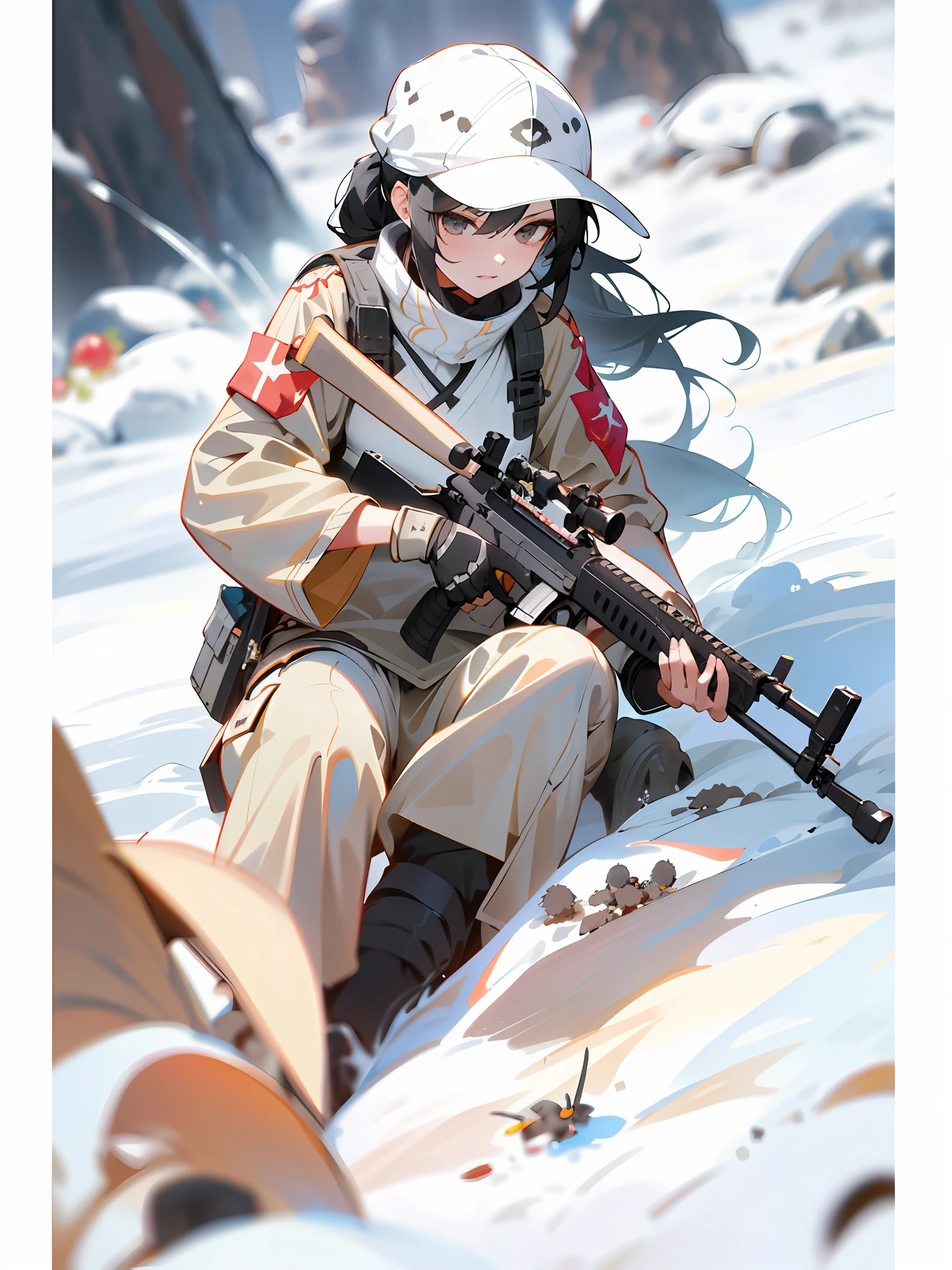 Black Eyes, (Black Long Straight Hair 1.5), (High Ponytail 1.5), (High Cold), (Cold), (Imperial Sister), (Height 1.9m), (All Black Hair), (Without Hat), Arakfi in Desert Costume, Rifle and Rifle, Sniper Girl in War, Infantry Girl, Mechanized Soldier Girl, Guvez style artwork with rifle, inspired by Cold Plum, CGSOCIETY and Weathered Bell, CGsociety), Soldier Girl, wojtek fus, guweiz, HD CGsociety.