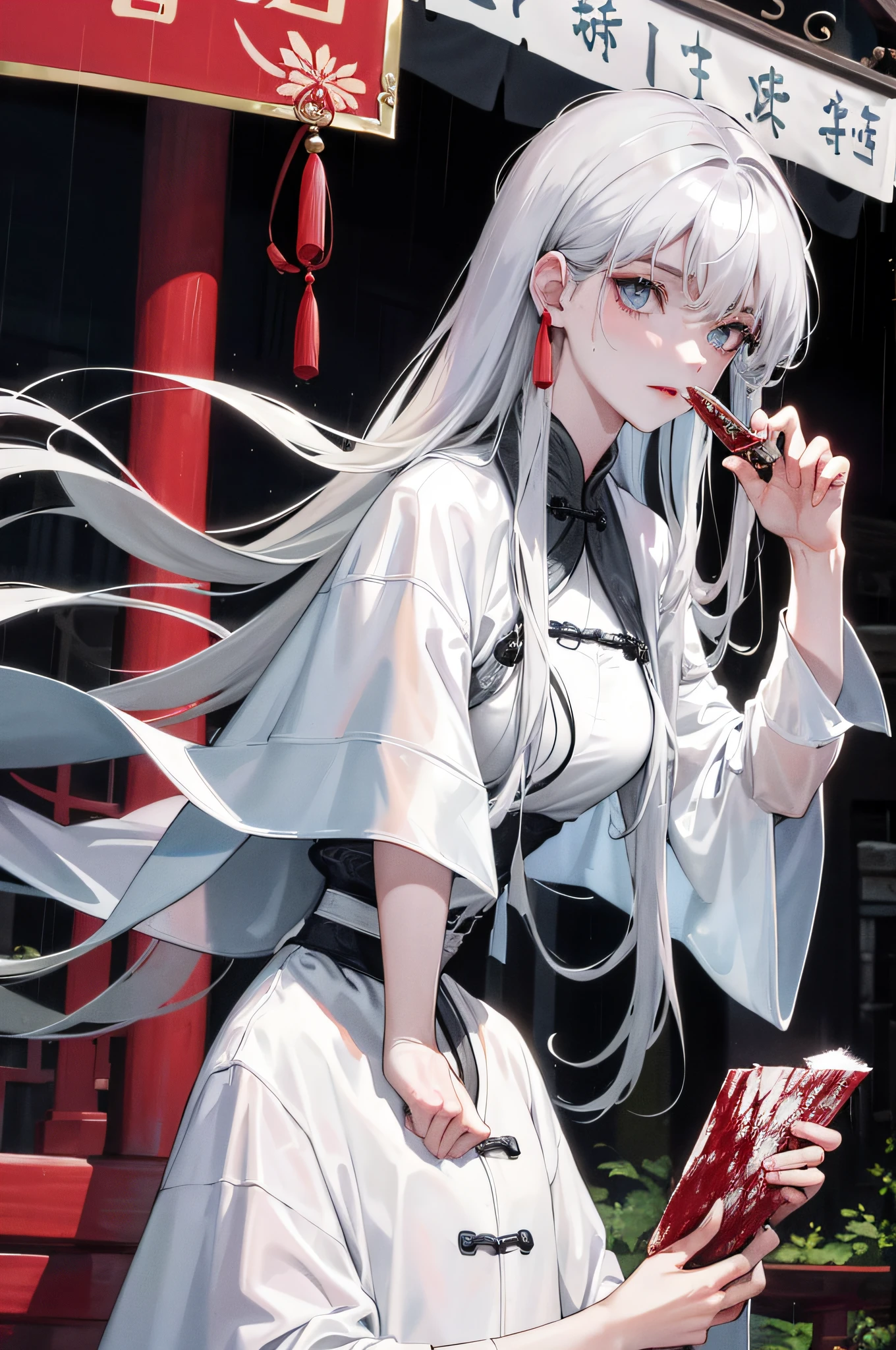 Masterpiece, Excellent, Night, Outdoor, Rainy Day, Branches, Chinese Style, Ancient China, 1 Woman, Mature Woman, Silver-White Long Haired Woman, Gray-blue Eyes, Pale Pink Lips, Cold, Serious, Effeminate, Bangs, Assassin, Short Knife, White Clothes, Black Clothing Lines, Blood Stains, Blood, Blood, Wounds, Blood on Face, Blood on Clothes, Rain, Fine Face, Fine Face,