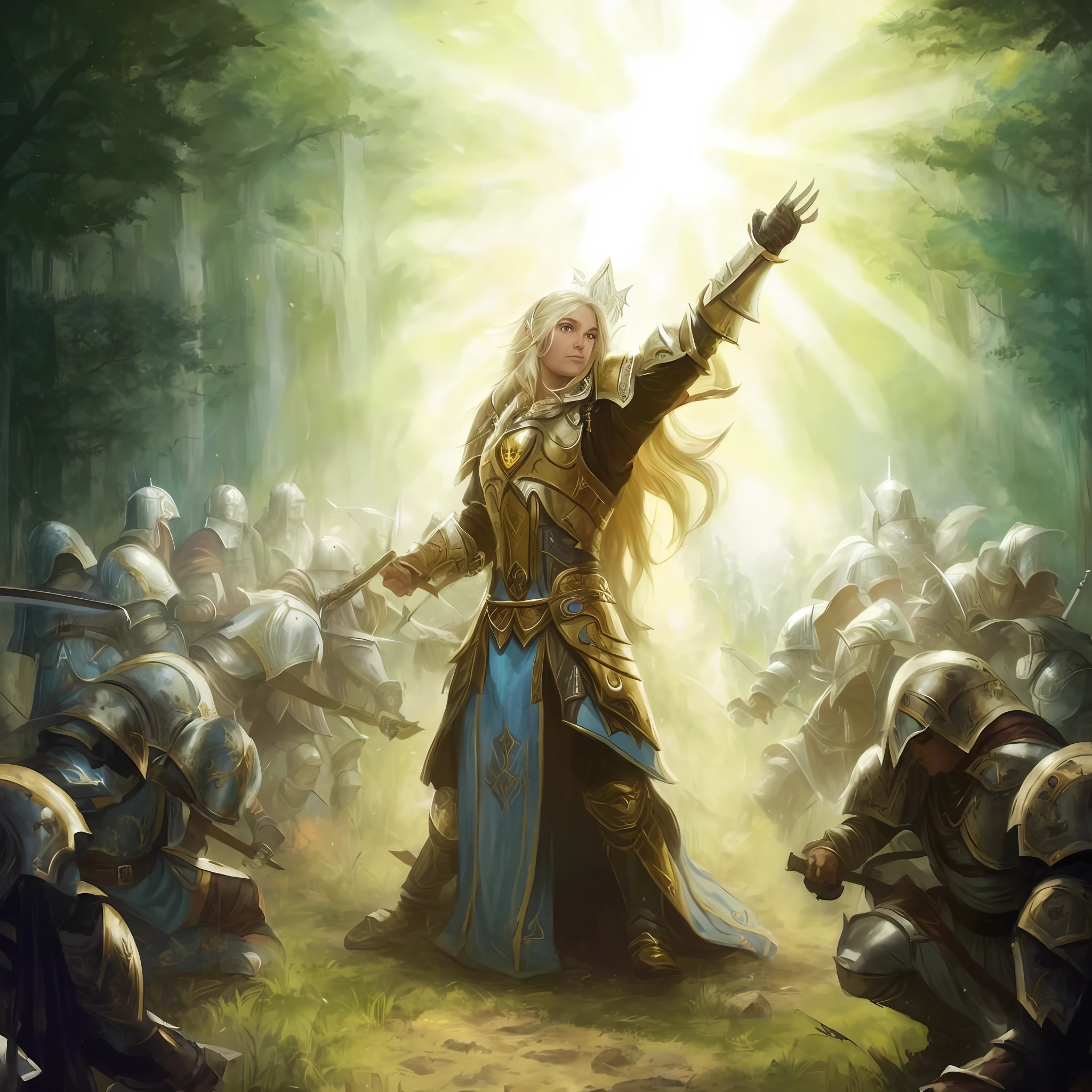 a painting of a woman in armor holding a sword in a forest, holy paladin, picture of a male cleric, cleric, picture of female paladin, jaina proudmoore, of an elden ring elf, magic the gathering artwork, an epic majestical degen trader, magic the gathering art, fantasy card game art, award - winning epic painting