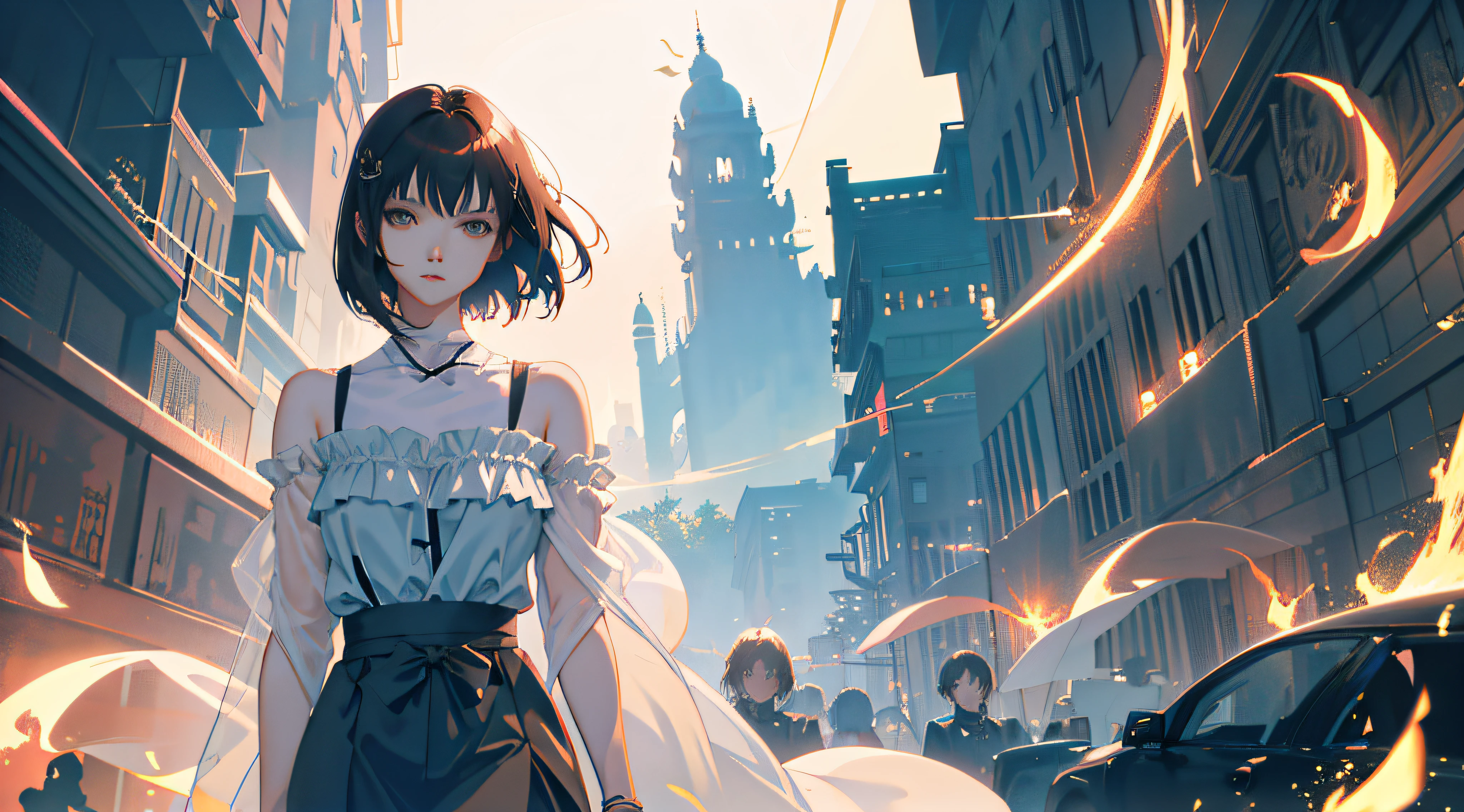 Detailed and perfect anime style illustration, brown short hair, very cute young woman, solo, upper body, gray shirt, wearing gray long skirt. Dramatic and fantastic nature background, daydream, dramatic lighting Makoto Shinkai