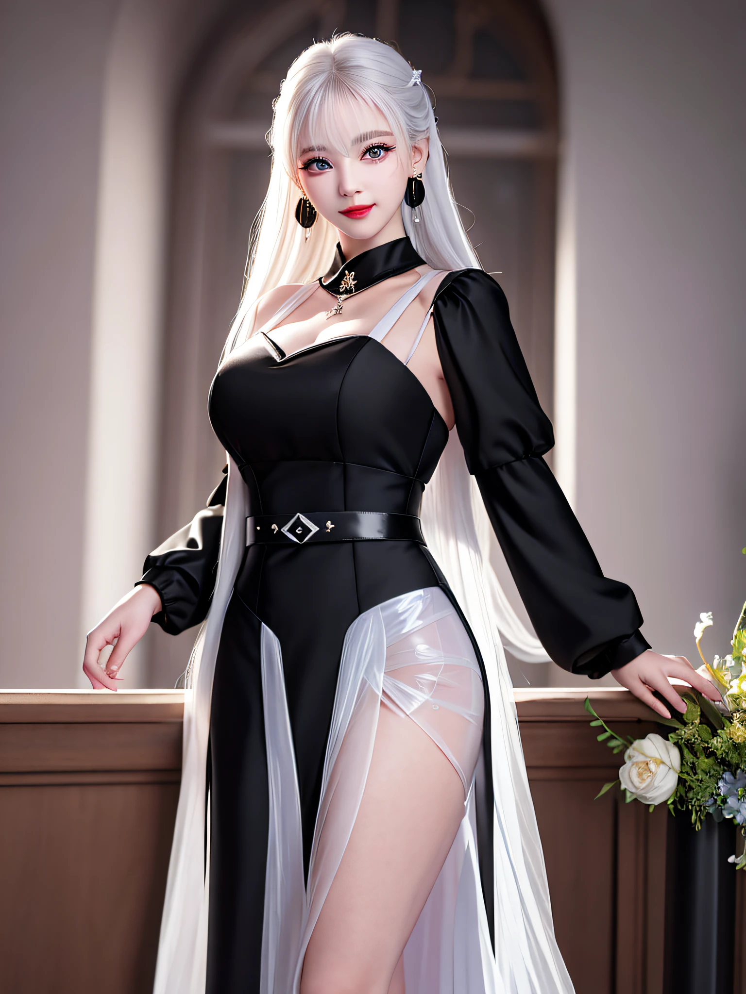 Female Teacher Standing in Classroom v6, Necklace, Earrings, Full Body V6, Long White Hair, Realistic, (((Translucent Black Shoulder Strap Dress)), Superb, Ultra High Definition, RAW Photo, Realism 1.25), (Bright Lip Gloss, Long Eyelashes, Smooth) Face, Bright Skin, Natural Shadows, Wide Light, Wide Light, Depth of Field, Strong Color, Subtle Caustics: 0.8), Smile, (Big), V6