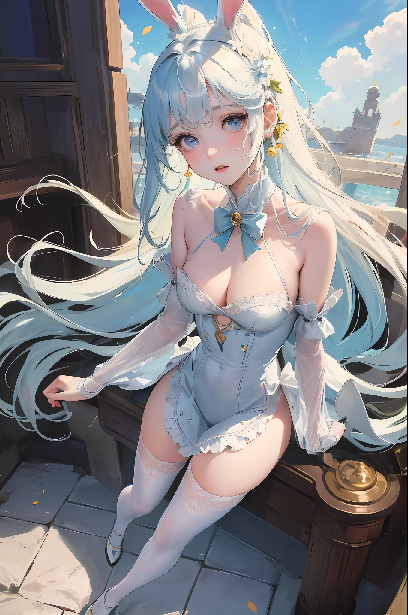 Official Art, Masterpiece, Sharp Focus, (Beautiful Gorgeous Cute Korean Woman: 1.3), (Beautiful Cute Korean: 1.3), Delicate Beautiful Hair and Eyes and Face, Realistic, Ultra Detailed, Beautiful Girl, Blue Sky, Glowing White Particles, (Side Lighting: 1.2), Sunlight, White Clouds, Slender, Landscape, A Lovely Young Girl with Victorian hair, a pair of bunny ears decorated with bells, beautiful innocent eyes, a frightened expression, a slightly trembling body, wearing a rococo dress and black stockings, a full body photo, epic landscape,