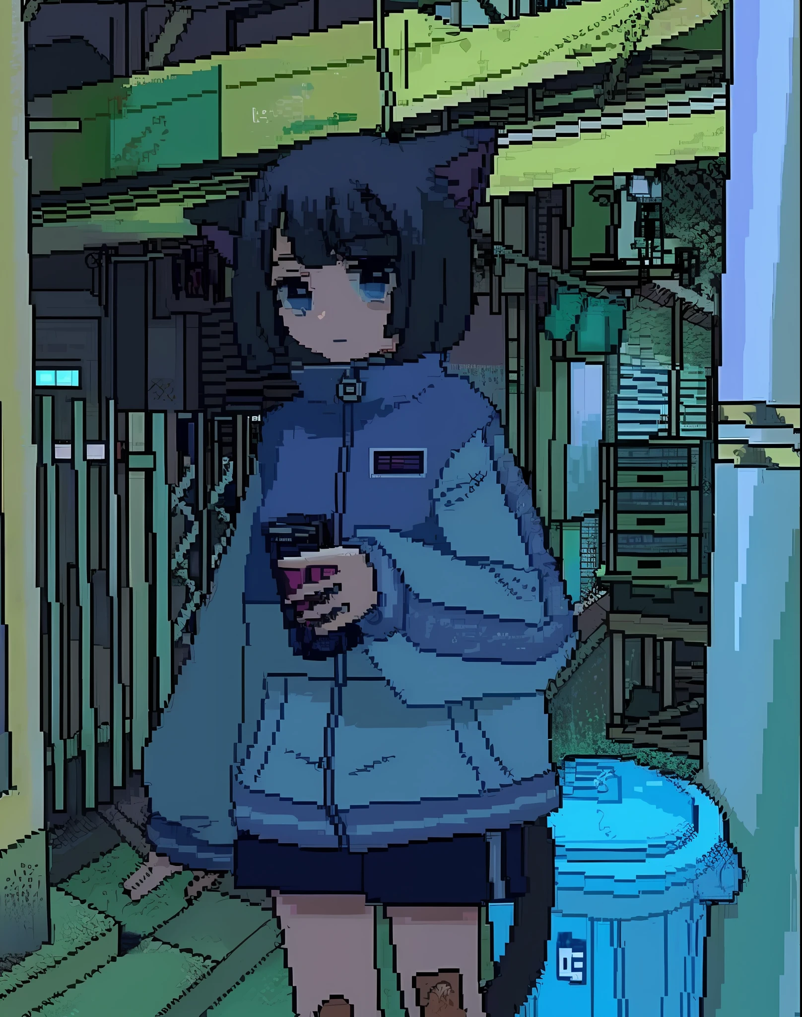 Anime girl standing in blue jacket and black shorts in the building, Loepfe girl, Loepfe art style, art style of anime in 8 0 s, flat anime style, 9 0 s anime aesthetics, anime aesthetics, 8 0 s anime atmosphere, Loepfe art, Loepfe girl aesthetics, 8 0 s anime style, modern anime style, 1 0 0 0 x 1 0 0 0 0 pixel art