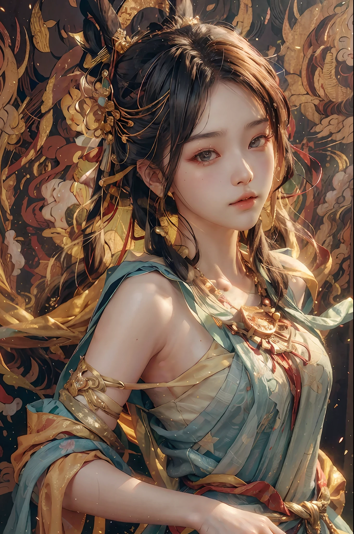 (RAW photo, best quality), (realistic, photo-realistic:1.3), best quality, highly detailed, masterpiece, ultra-detailed, illustration, 1girl, upper_body, dynamic angle, world mastery theater, messy_long_hair,best quality, extremely detailed CG unity 8k壁纸,墨水,惊人,电影灯光,lens_flare,dunhuang_style,橙色,敦煌飞天,大月亮