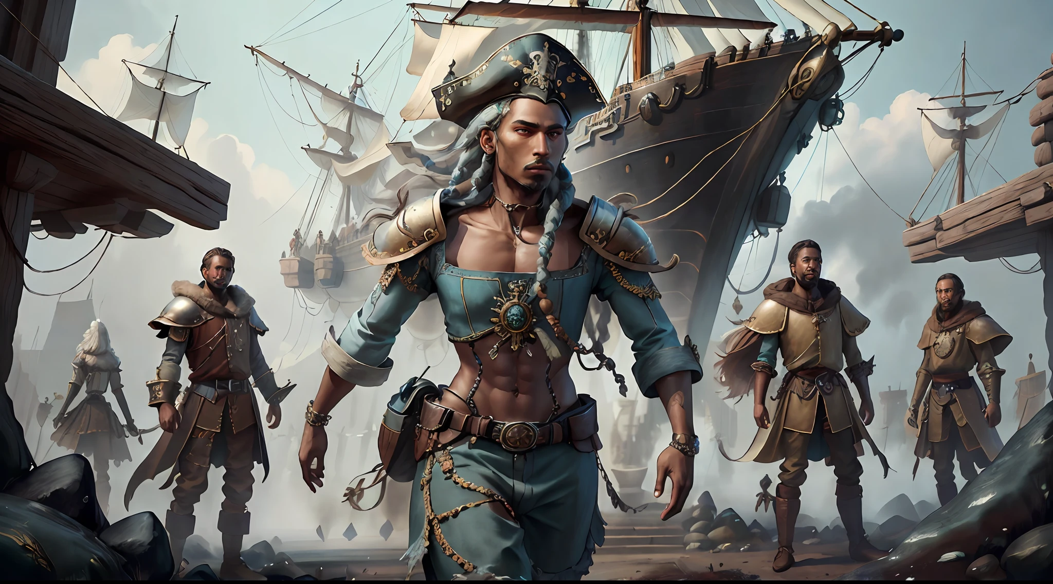 (((multi-person interaction, with men and women))), (highly detailed RAW color photos, ridiculous resolution, high resolution, super detailed), ((r 9 6 angles)), dark skin, handsome, fearless and brave expression, mature, thin shoulders, very thin body, black captive dark pirate hat, white dirty braids, vibrant green eyes, (detailed eyes and detailed face), extremely detailed 8k photo, (full body: 0.9), beautiful woman, outboard, offboard background, detailed face, (Medieval Fantasy Theme: 1.3), Light Blue Pirate Theme Armor with Highly Intricate Details, Blue Pants, Ship in the Background, Inside the Ship, Deck of the Ship, Inspired by Dungeons & Dragons, Digital Artwork, Surreal, Photography, Soft Lighting, Soft Detail, Octane, ArtStation Trend, Ultra High Detail, Surreal, Movie, 16k,