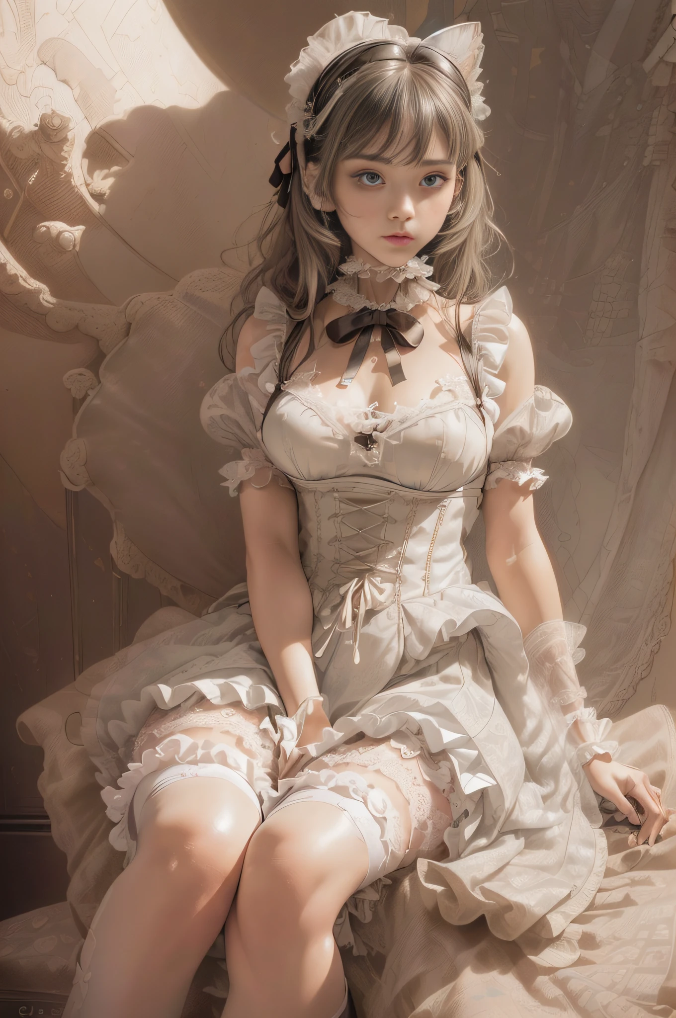 [Detailed illustrations, art based on extremely ideal anatomy, very detailed and detailed drawings, slow and delicate lines, realistic texture expression],(((Color tressed lines)),(Artwork with outstanding craftsmanship),(((Strange bedroom background)),Girl Japanese Beauty  (Luxury girl) [Cat ears (plump) (large, drooping breasts, (wide areolas))], Babydoll Whiorset (Ribbon Ruffled Lace Fabric (Lolita Fashion)),(Realistic and Lustrous Skin Expression ((High Humidity))(Soft Body))),Transparency Soft Ambient Light,Gravure (((Seated Weakness)))),((Fine and Beautiful Skin Expression (Transparency))),(Perfect and Beautiful Face,Realistic Face Details),(Perfect Eyes (Realistic Eye Details (Beautiful iris drawn in detail(sharp pupils))),(Perfectly proportioned proportions)),(Design built to a high level,((Advanced structural understanding)),Ideal color coordination),(((Complex decoration (Ultra-dense detail))),(Detail,High definition),[Ultra-precision detail,HighQuality,High resolution,(Multilayer texture))],(( Accurate simulation of the interaction between light and material, understanding of air flow, mechanically correct expression))), ((visual art with a sense of narrative)).