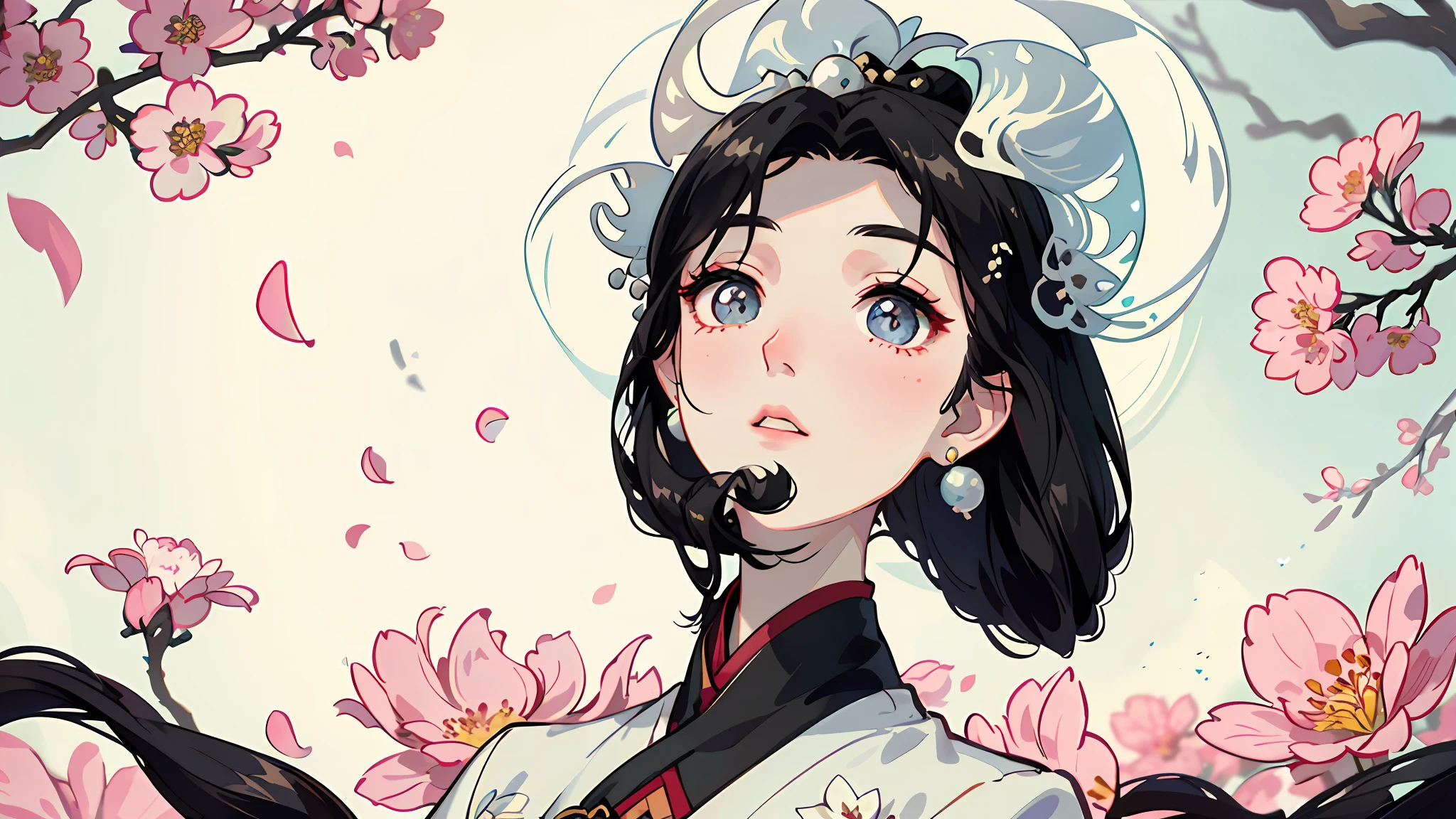 Mature girl , black hair, floating hair, delicate and smart eyes, starry pupils, intricate damask hanfu, gorgeous accessories, wearing pearl earrings, FOV, f1.8, masterpiece, complex scene, flower petals flying, front portrait shot, Chang'e