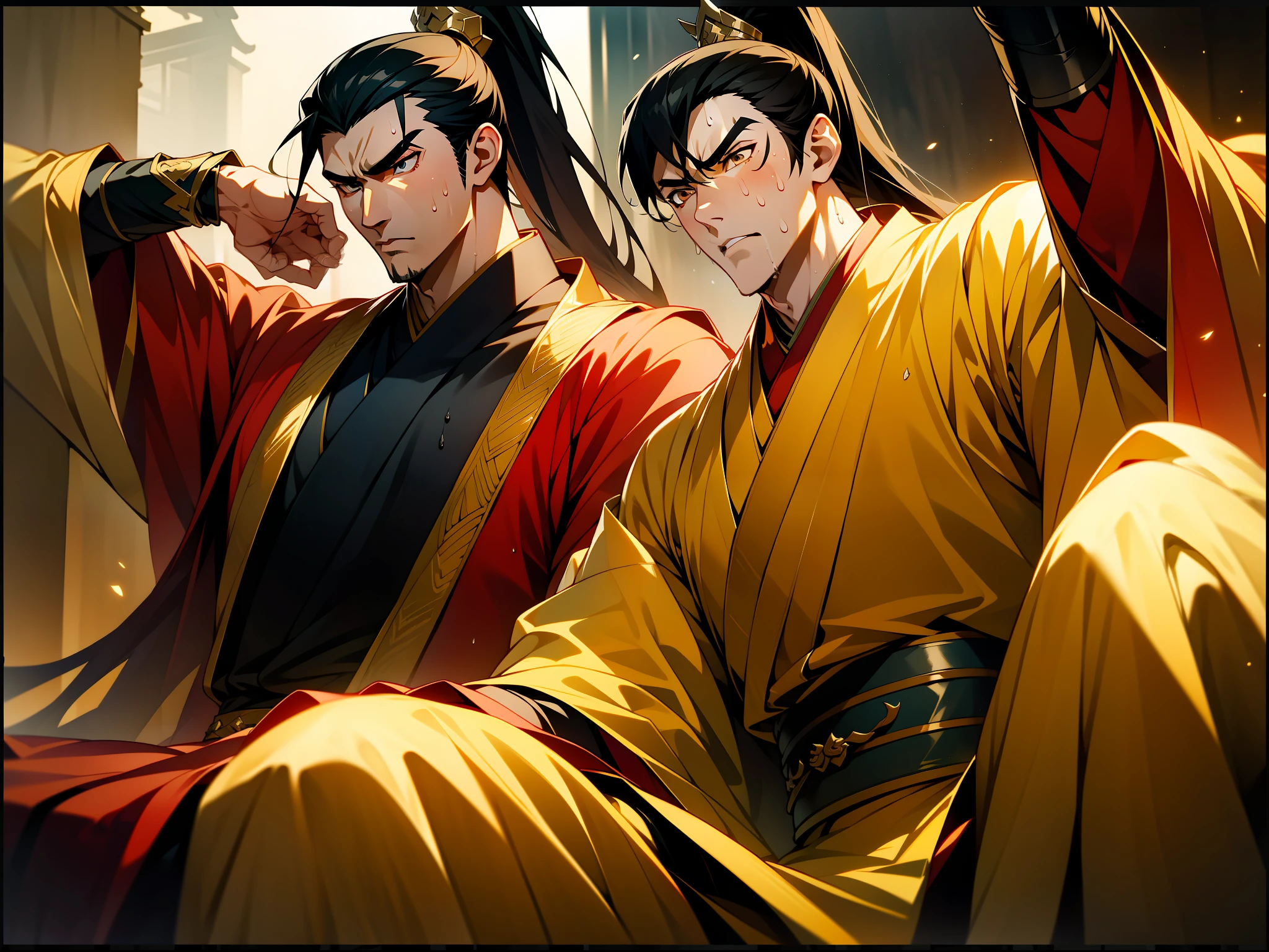 Two-dimensional, anime style, man (male warrior), muscle, correct proportions, face details, martial arts, high ponytail hairstyle, neck details, with Adam's apple, Hanfu costume, long robe, embroidered robe, dragon robe, clothes details, collar, long sleeves, game quality, swordsman demeanor, light and shadow tracing, ray tracing, detail glow, CG rendering, hair details, long black hair, golden eyes, sweaty face, handsome, (juvenile feeling), complex clothing, perfect composition, refinement, high quality, more details, a lot of details, Complex background, sense of atmosphere,